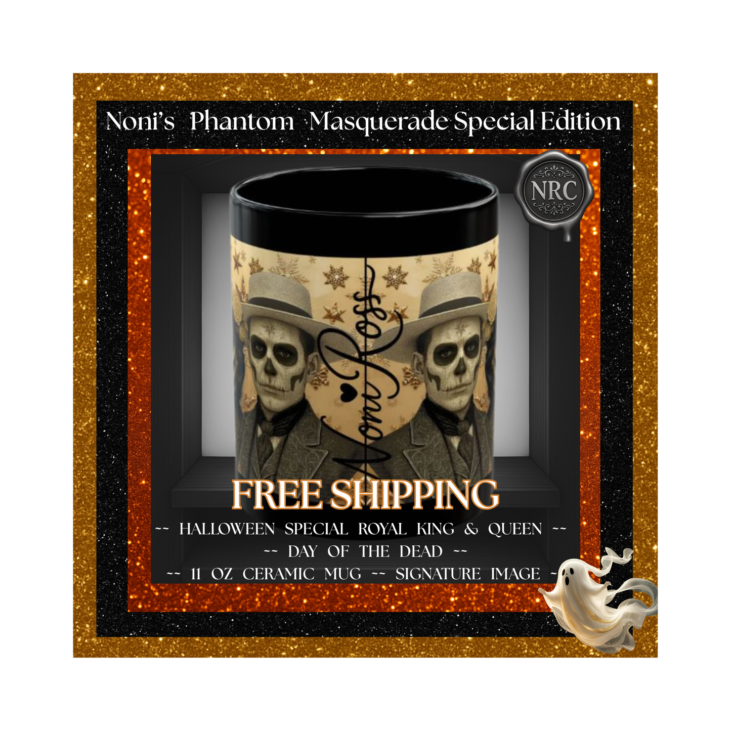 Royal Pair Halloween Mugs Set of 2 – Catrin & Catrina, Day of the Dead 11oz Ceramic, Dishwasher Safe, Free US Shipping | Noni Ross Creations