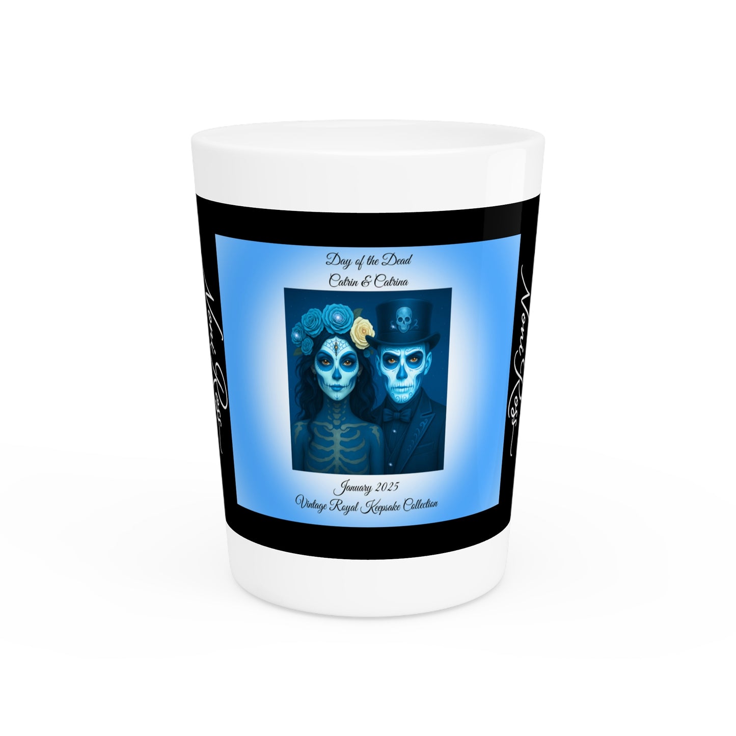 January Day of the Dead Couple Ceramic Shot Glass 1.9oz – Blue Catrin & Catrina Keepsake (Black or White Interior) | Noni Ross Creations