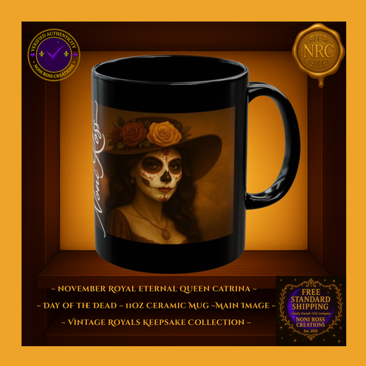 βNovember Catrina Mug 11oz with vintage royal styling in autumn amber and goldβelegant DΓa de los Muertos portrait, glossy black ceramic | Noni Ross Creations