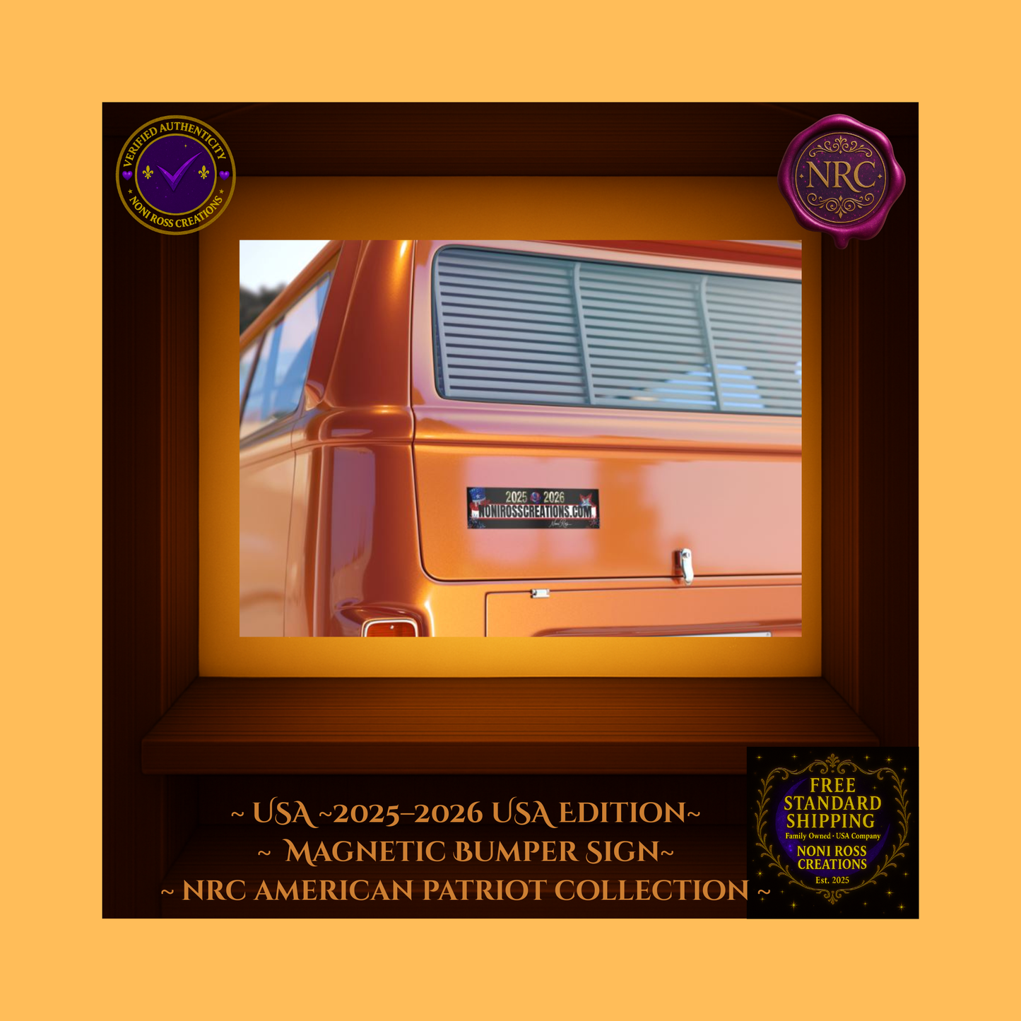 Black NRC patriotic bumper sticker on a stainless surface, red-white-blue fireworks accents and โ2025 โข 2026โ gem-style numbers.