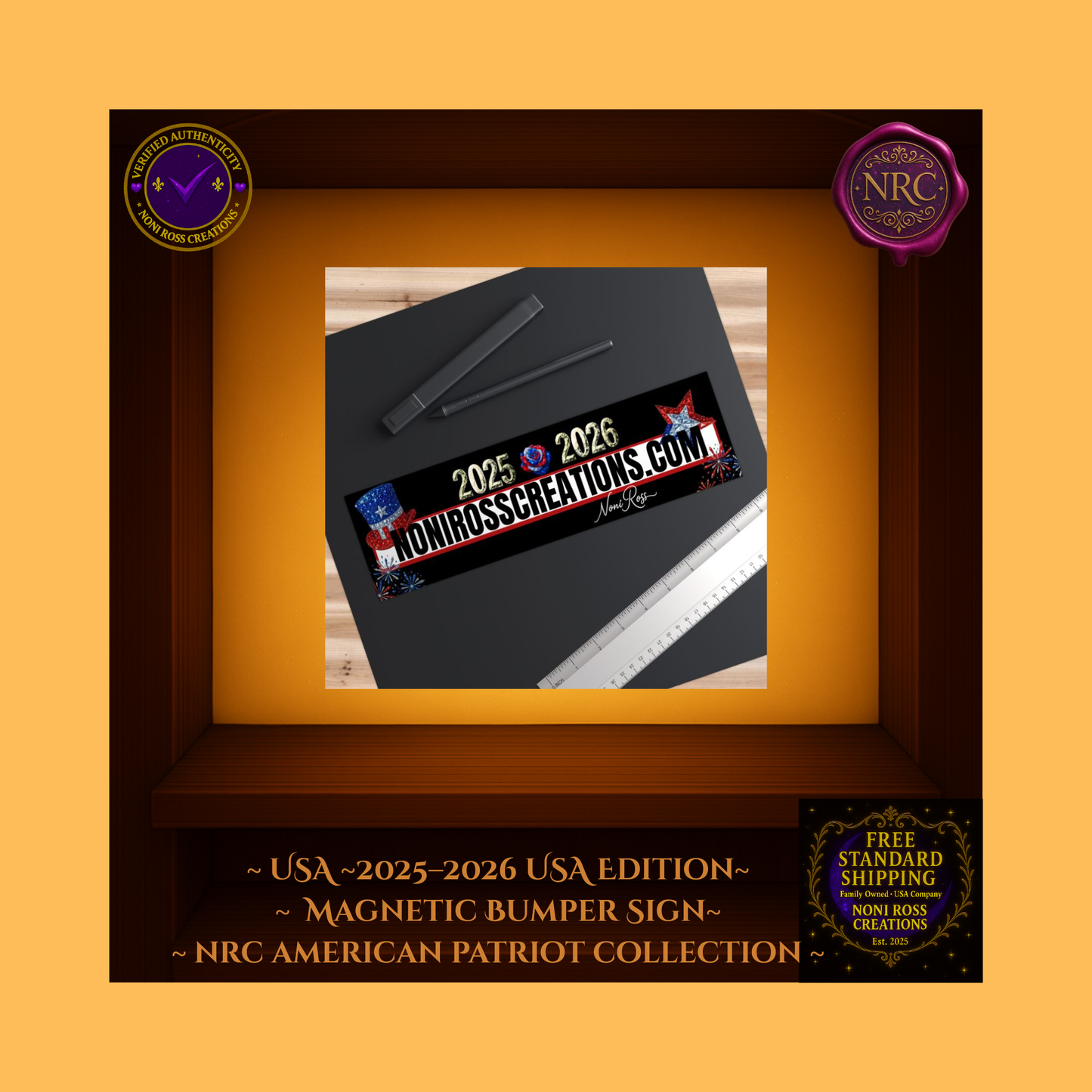 Patriotic black bumper sticker centered on a car bumper, sparkling top hat and star with โNoniRossCreations.comโ in bold black letters