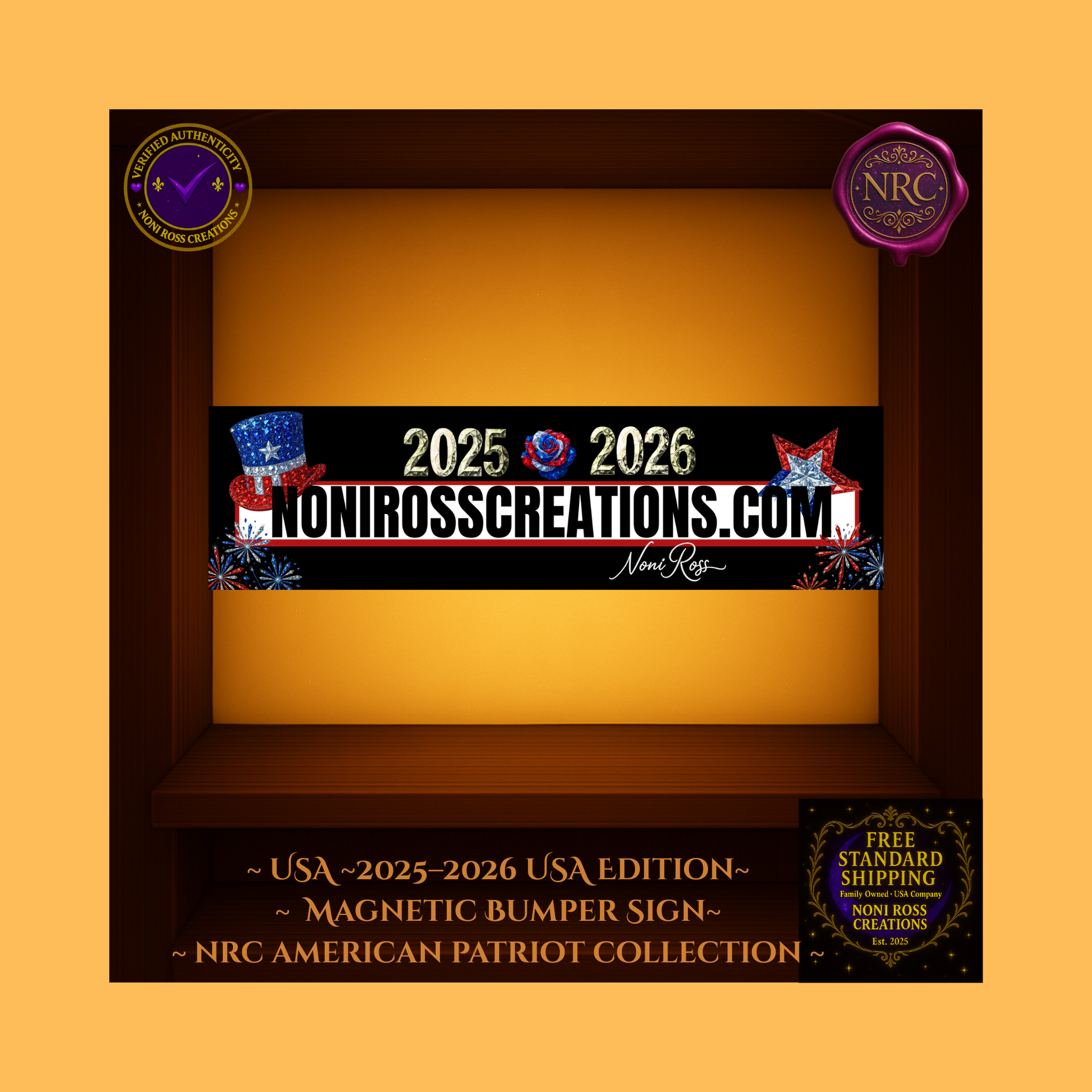 Black bumper sticker with jeweled USA top hat, red-white-blue star, โNoniRossCreations.comโ and โ2025 โข 2026โ in faceted gold text