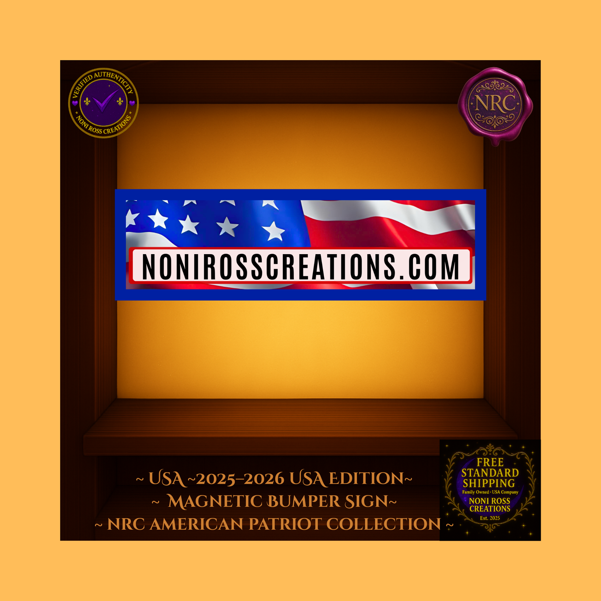 USA 2025–2026 Magnetic Bumper Sign with waving American flag background and bold black ‘NoniRossCreations.com’ text from NRC American Patriot Collection.