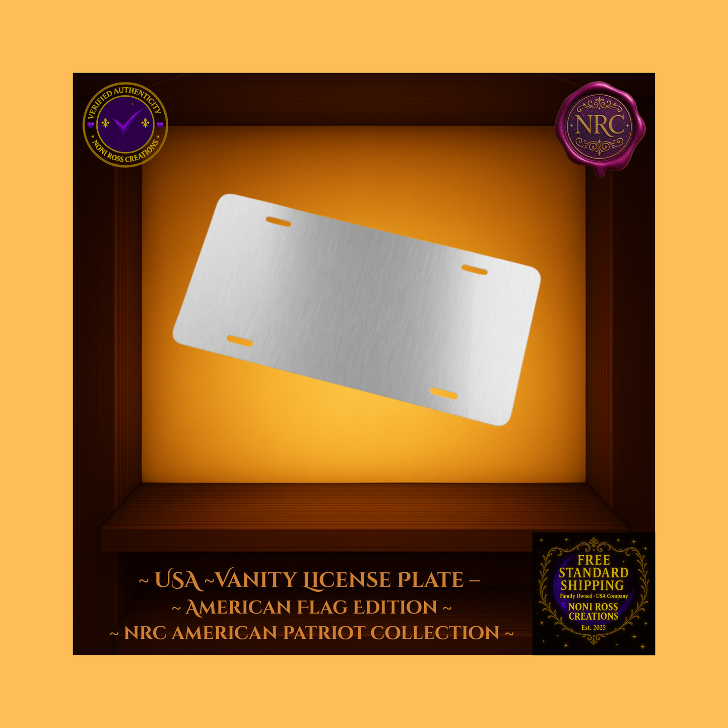 Patriotic vanity license plate displayed on a car front bumper showcasing American flag colors.