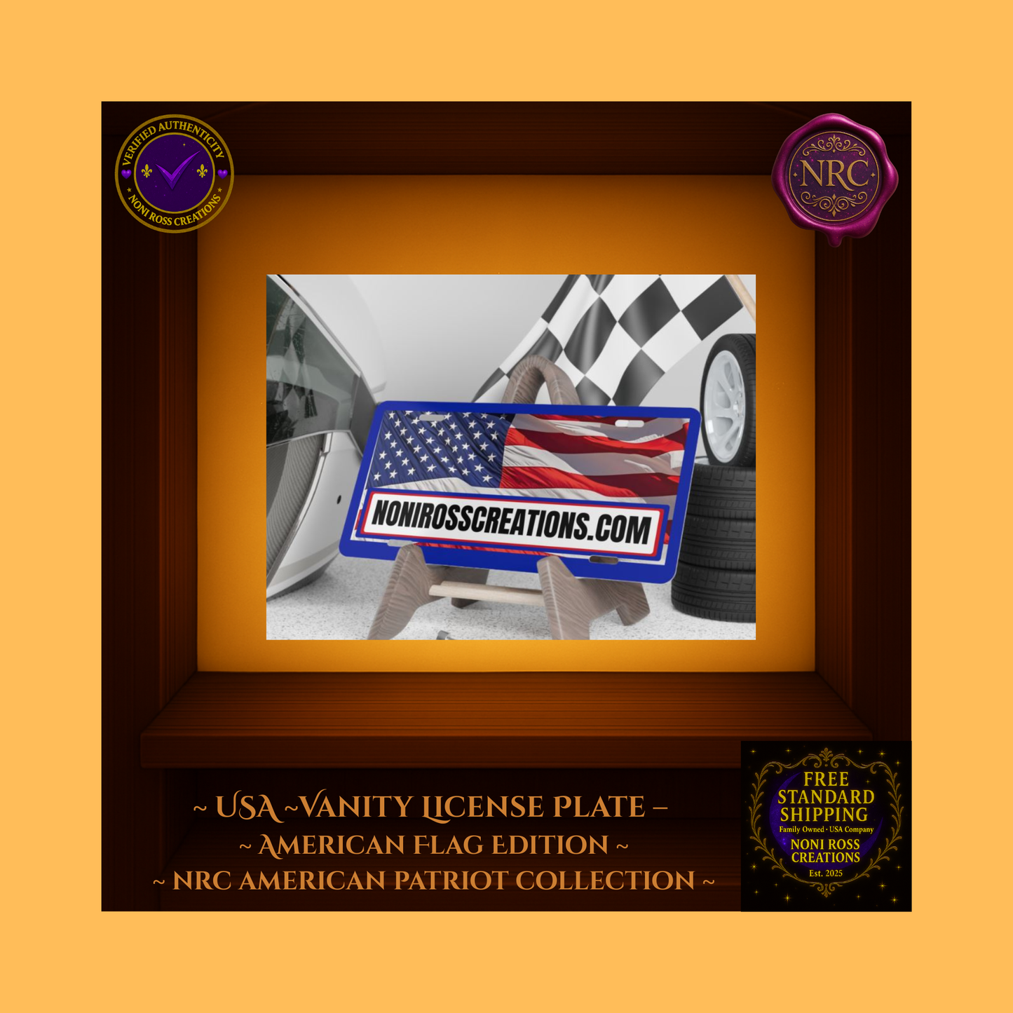 NoniRossCreations.com vanity plate styled on a garage wall with other patriotic dΓ©cor.