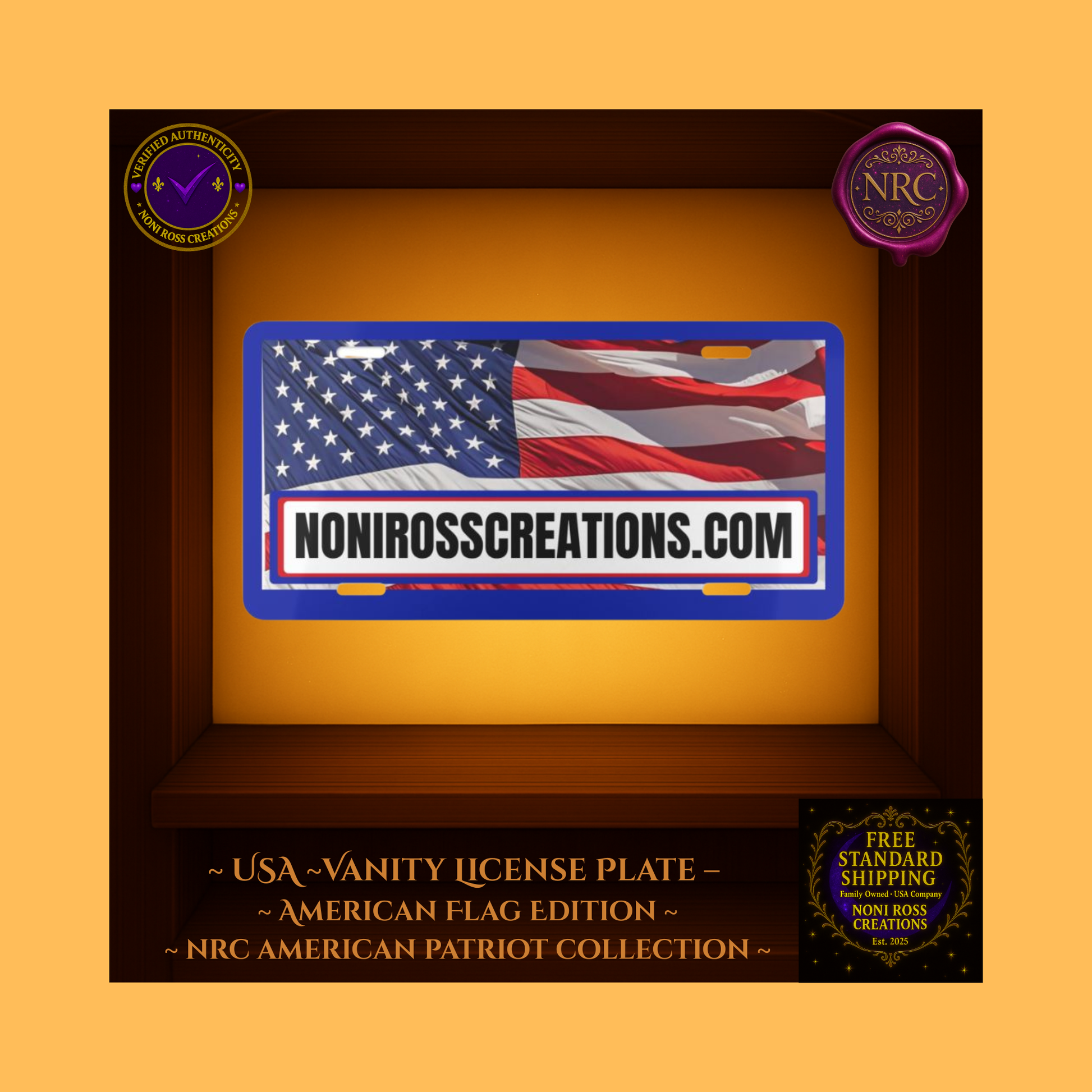 NoniRossCreations.com American Flag vanity plate β bold red, white, and blue design with waving flag background