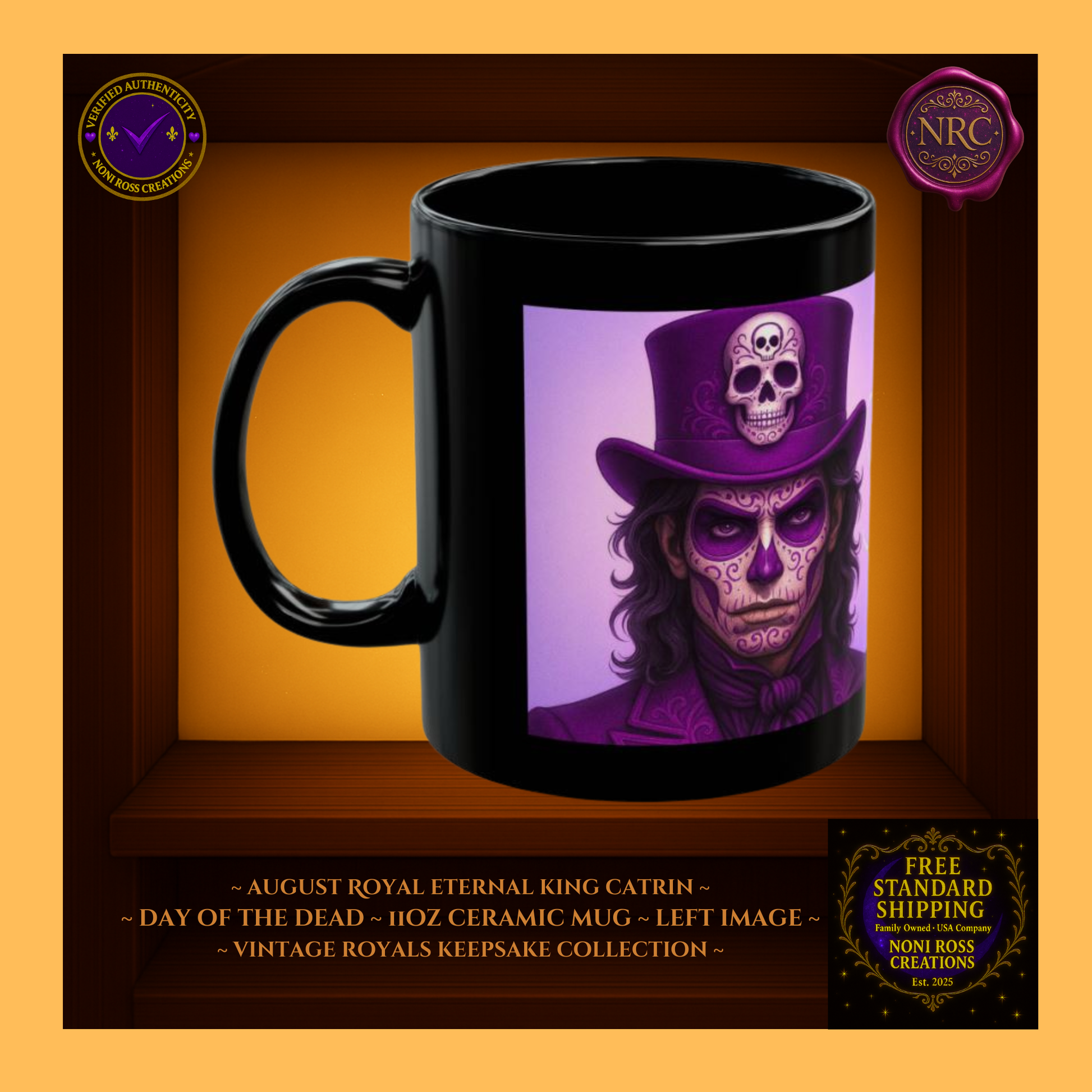Left side — August Eternal King Catrin Mug showing golden trim and violet cape detailing, 11 oz ceramic mug