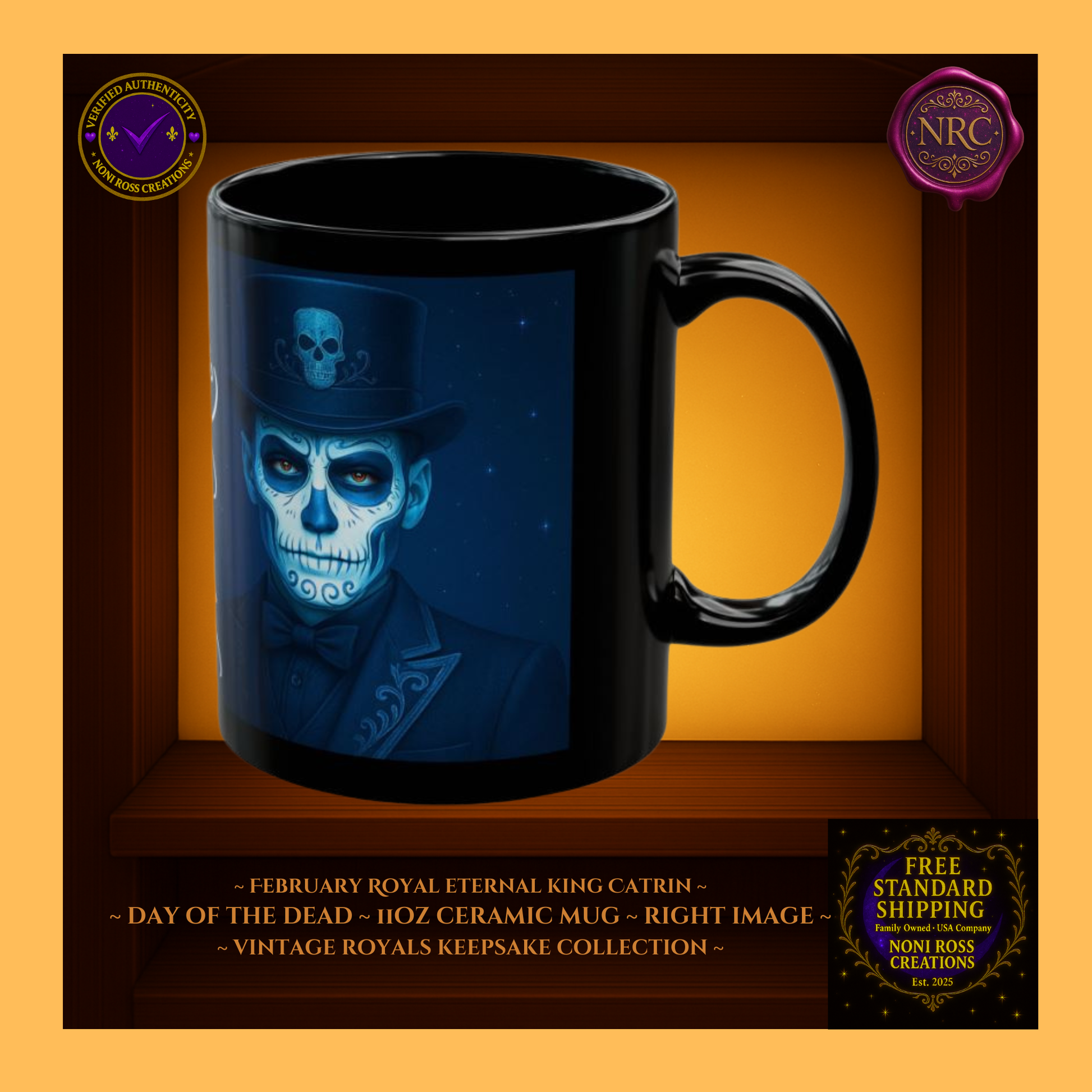 Right side of January Eternal King Catrin Mug with sapphire coat, silver trim, and candlelit background, 11oz ceramic
