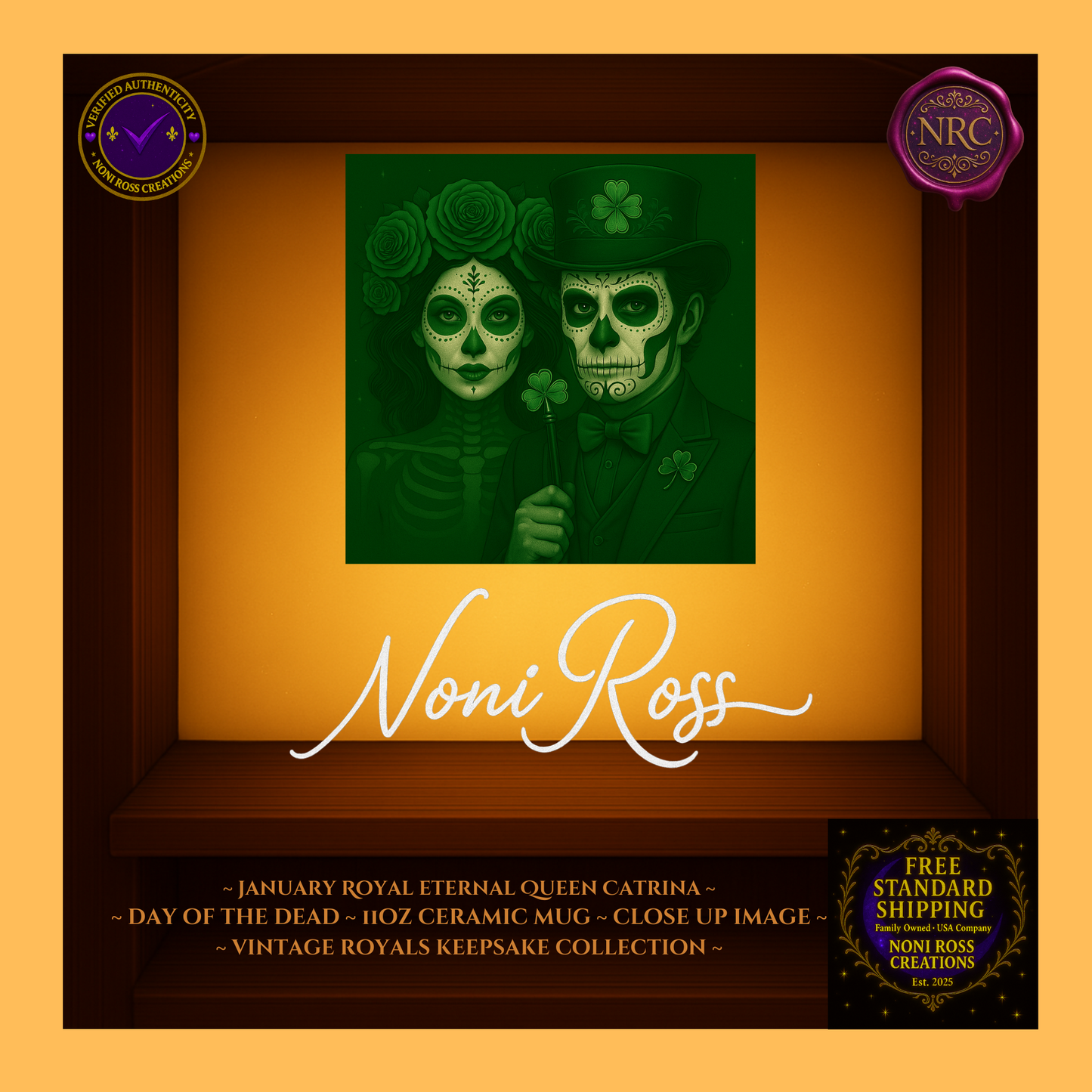 Close-up of March King & Queen faces with jeweled crowns and candlelight gold highlights—vintage royal art