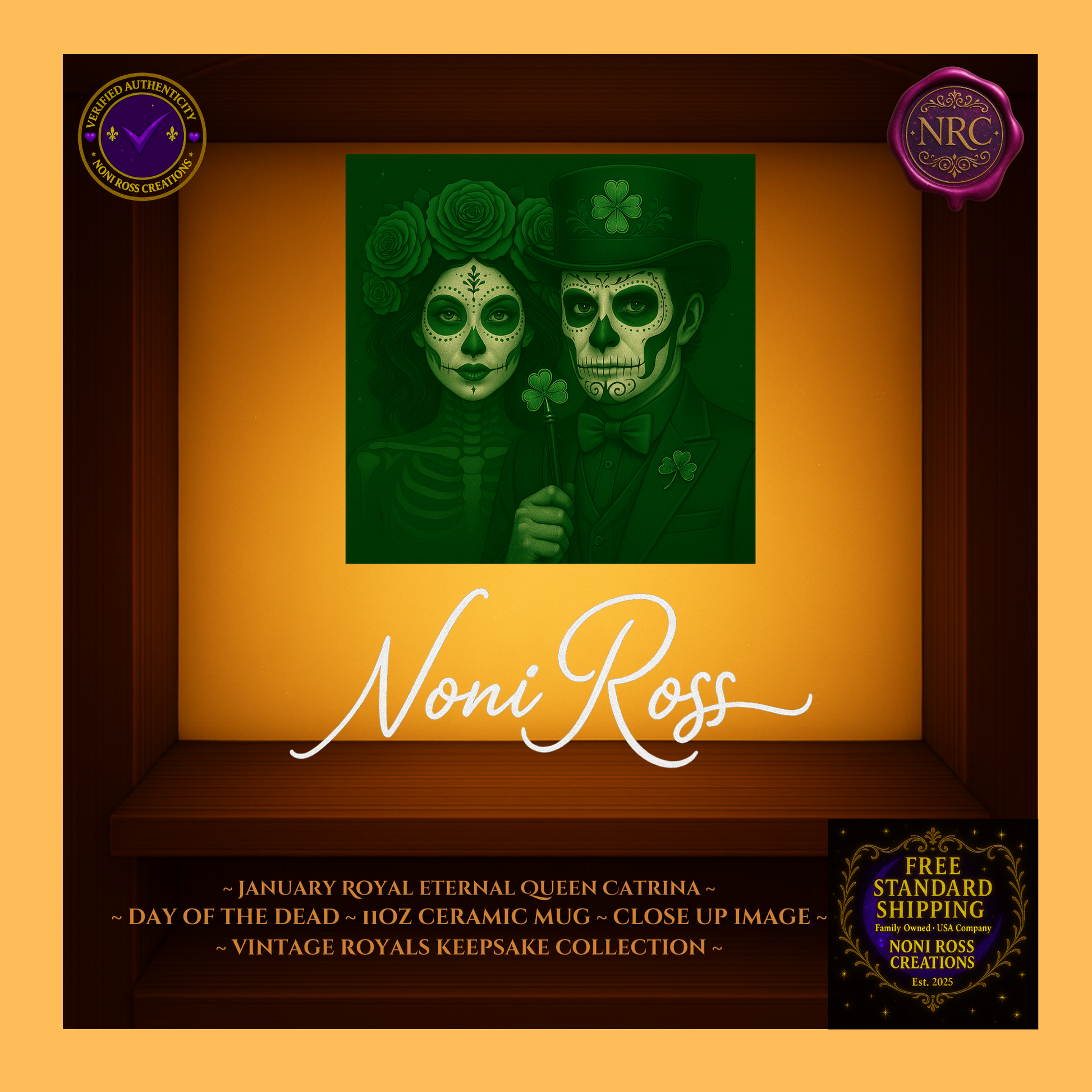 Close-up of March King & Queen faces with jeweled crowns and candlelight gold highlights—vintage royal art