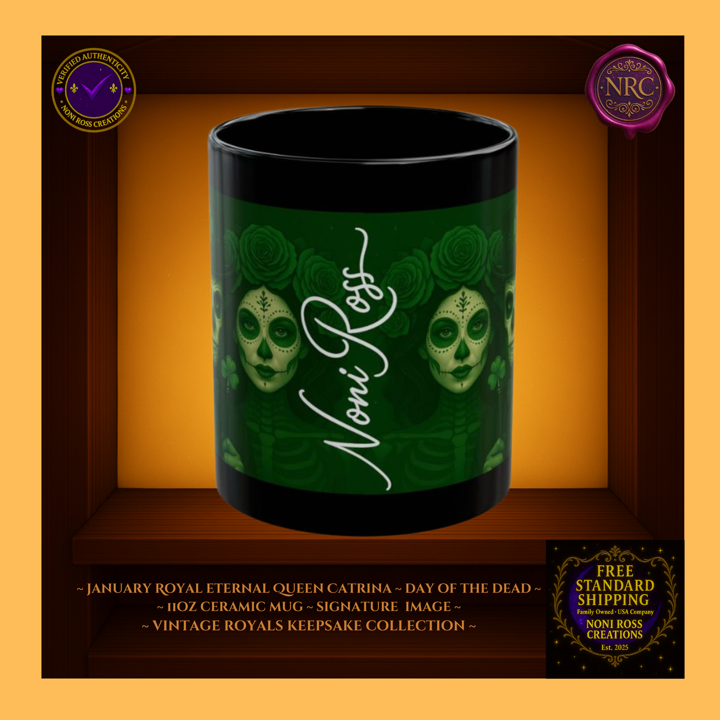 Signature spine—💚 Noni Ross Creations logo with Vintage Royals filigree on emerald background, collector couple set