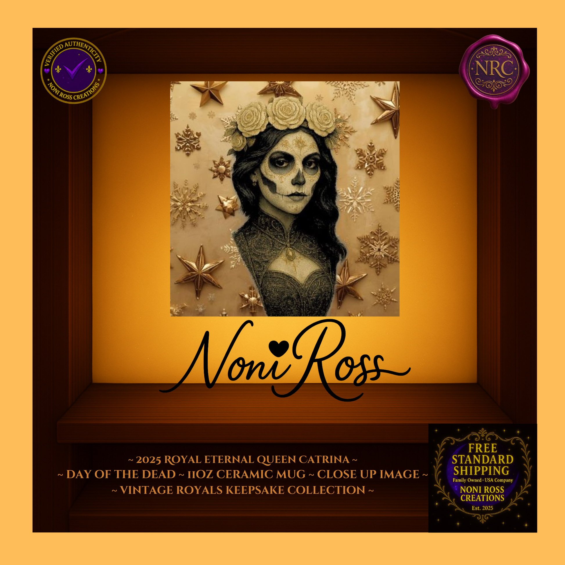 Close-up of 2025 Eternal Queen Catrina with gold rose crown and ornate dress β vintage royal portrait art