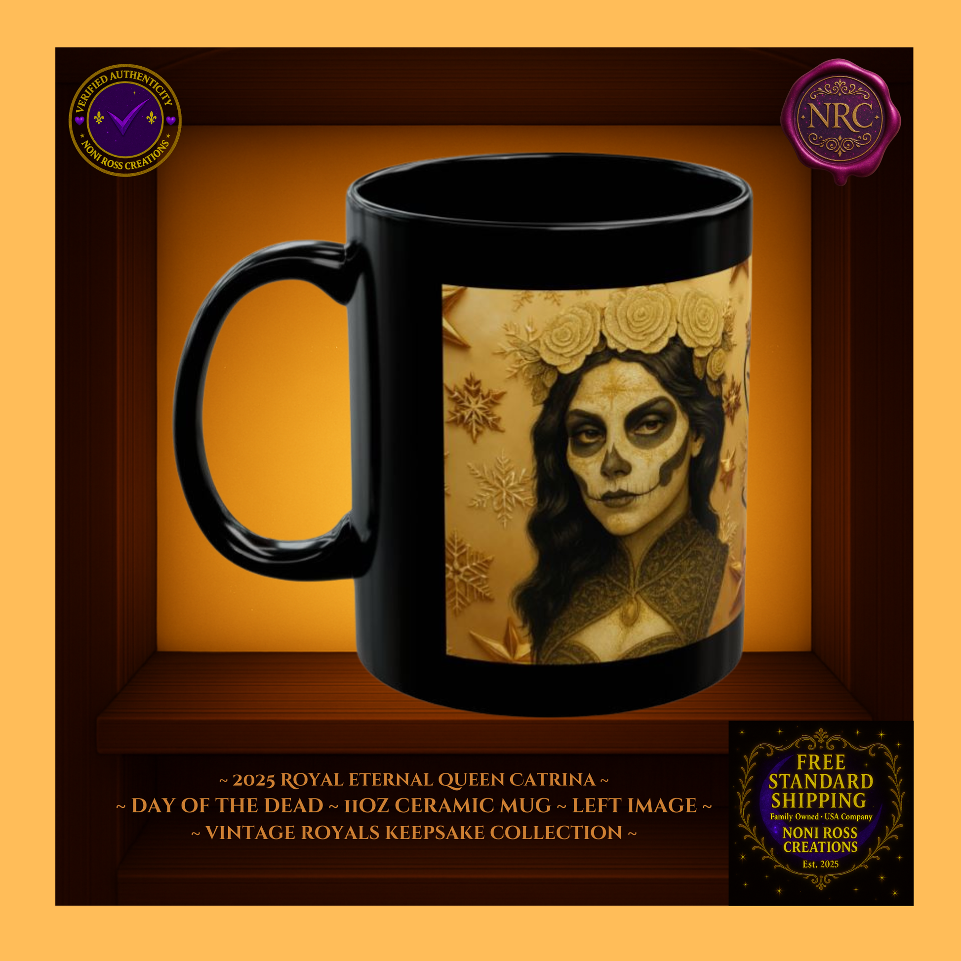 Left side β 2025 Eternal Queen Catrina Mug showing gold lace details and floral accents, 11 oz ceramic mug