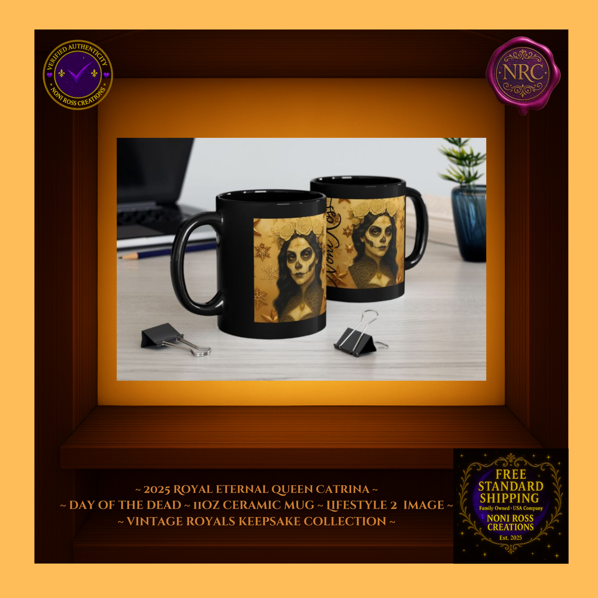 Cozy display β Eternal Queen Catrina Mug with pastry and golden light | π Noni Ross Creations