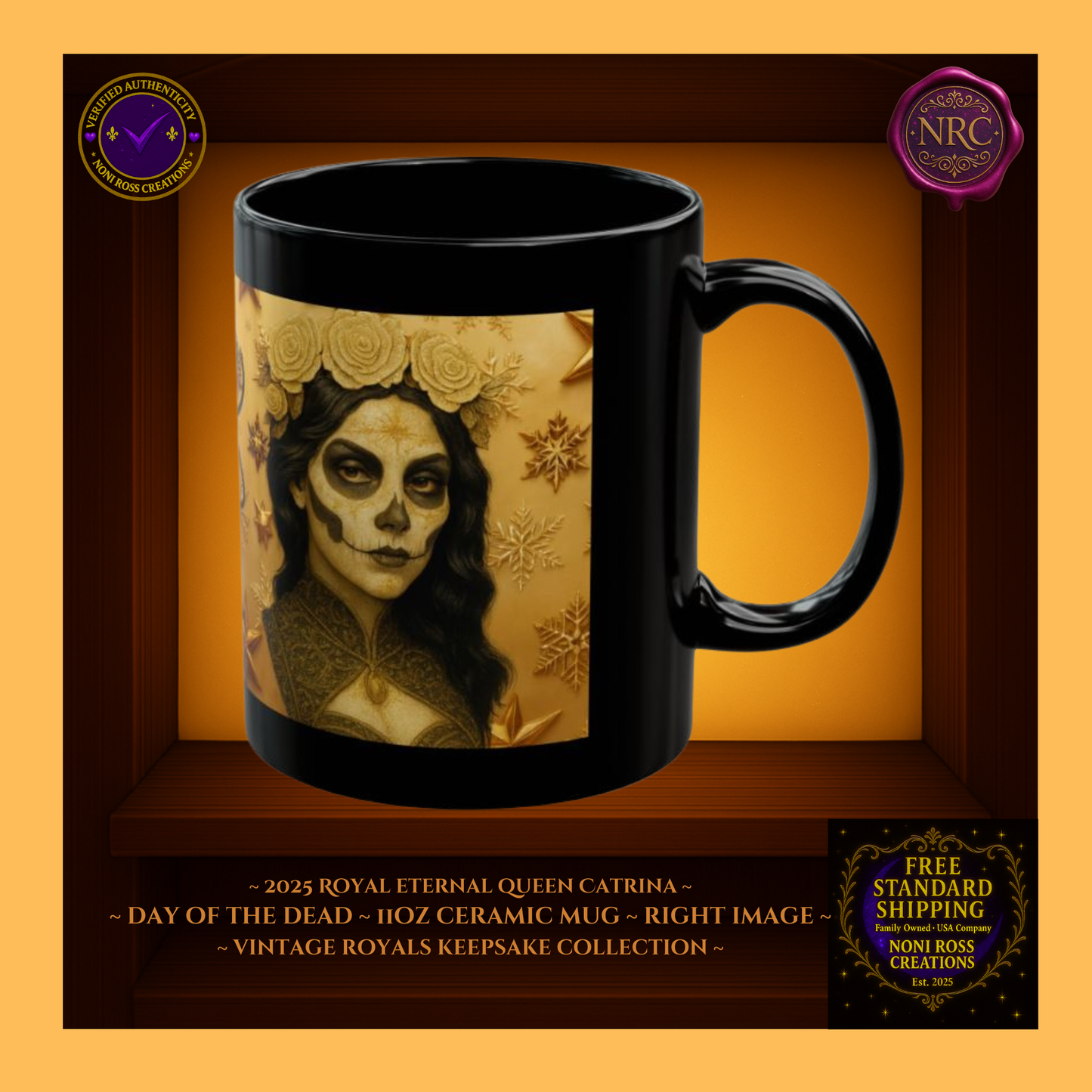 Right side β 2025 Queen Catrina Mug with bronze shadows and candlelight glow | gothic royal design