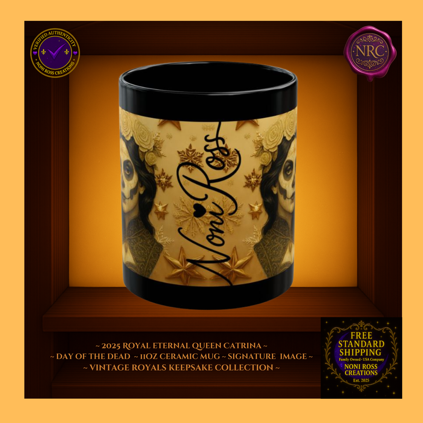 Signature spine β π Noni Ross Creations logo with Vintage Royals filigree on golden background