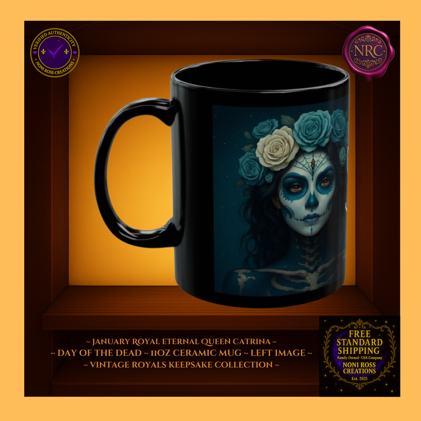 Left side—January Queen Catrina Mug showing tiara, lace collar and antique silver trim, 11oz ceramic