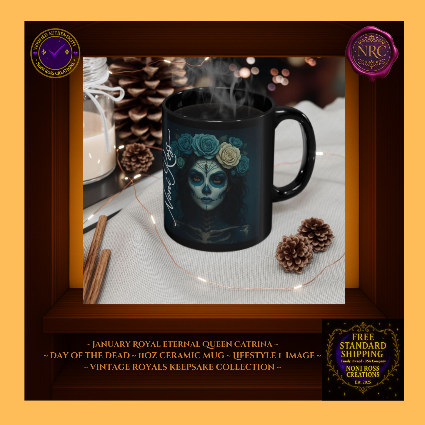 Queen Catrina 11oz mug styled on vanity with pearls and candle—vintage royal morning ritual
