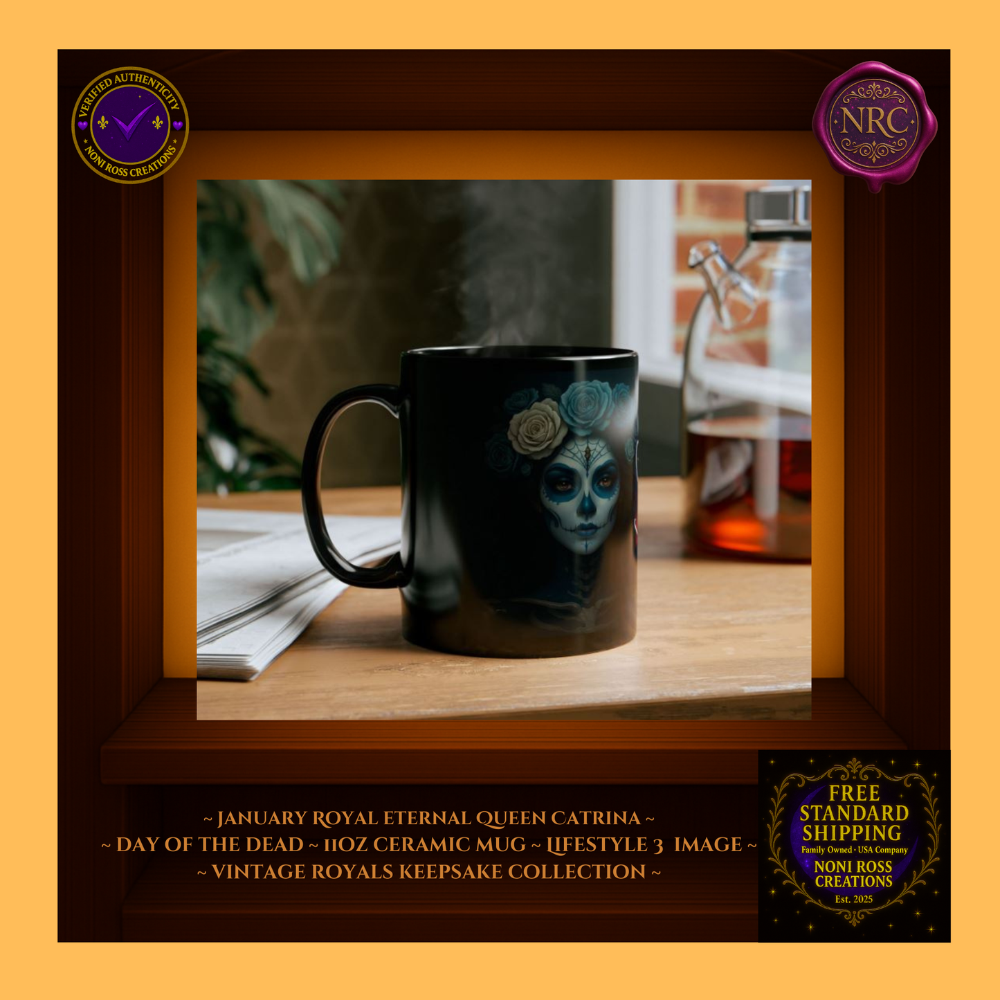 Breakfast setup—Queen Catrina mug with pastry on tray; collector series display | Vintage Royals Keepsake