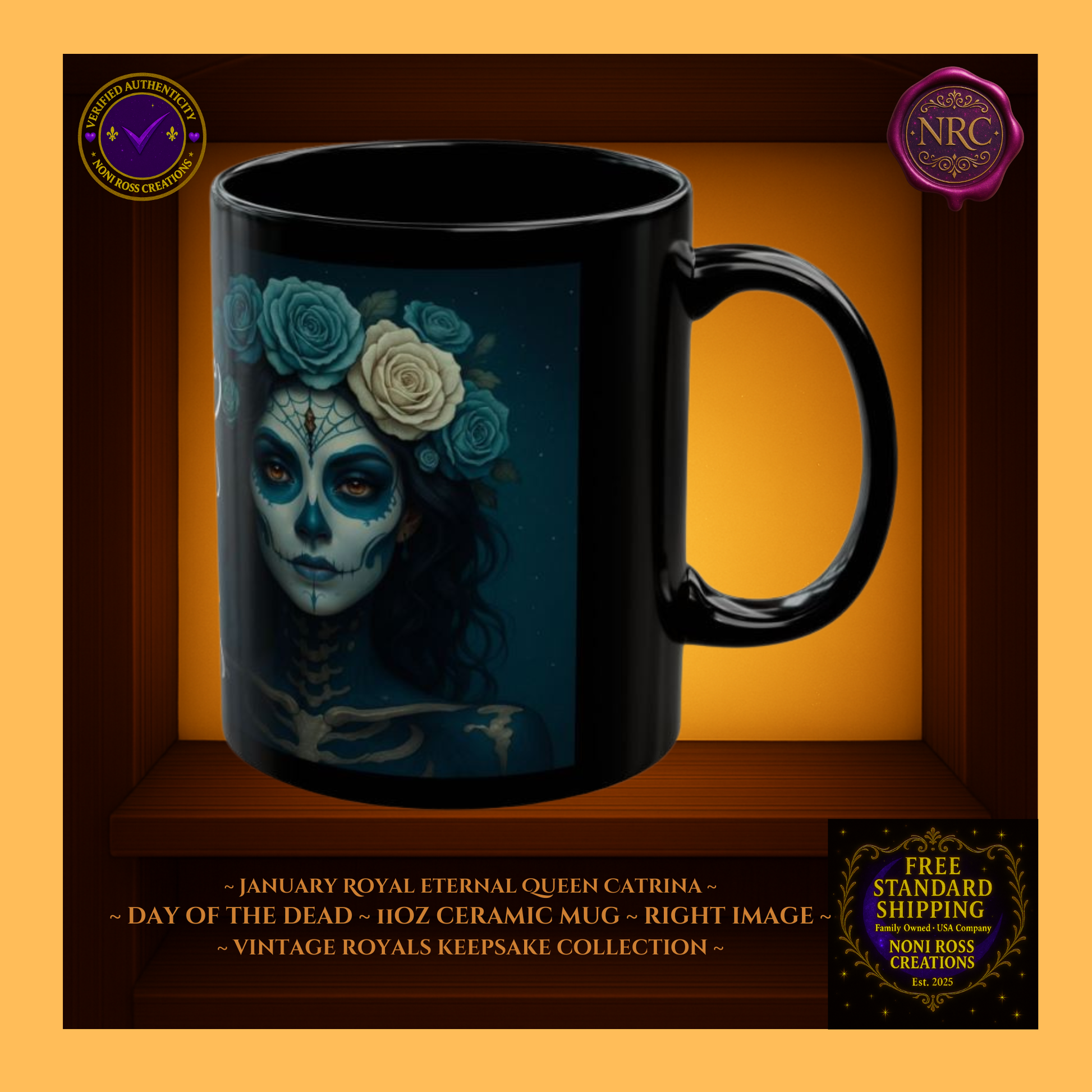 Right side—January Queen Catrina Mug with sapphire dress, jeweled accents and candlelit backdrop