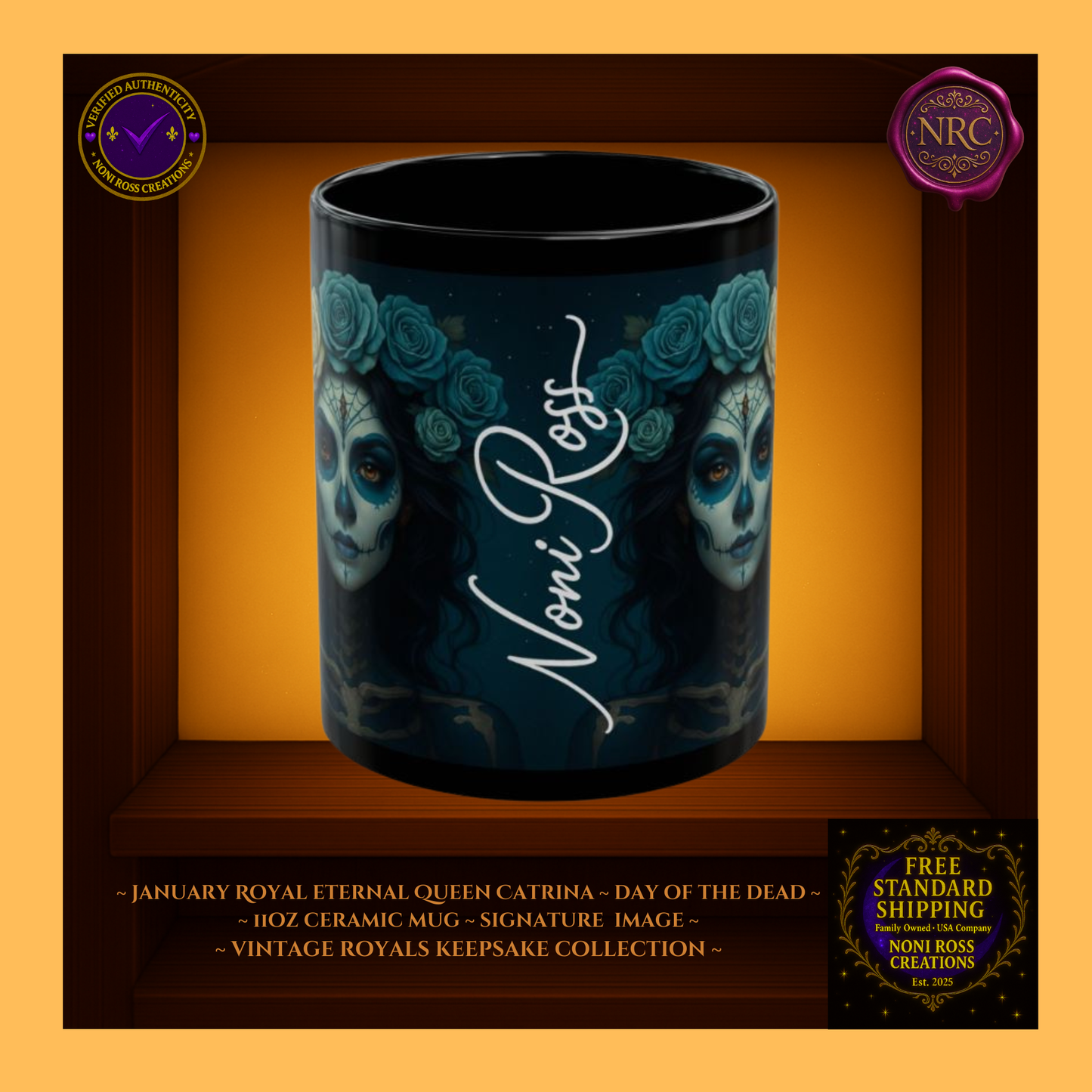 Signature spine view—Noni Ross Creations mark with Vintage Royals filigree on sapphire and velvet charcoal