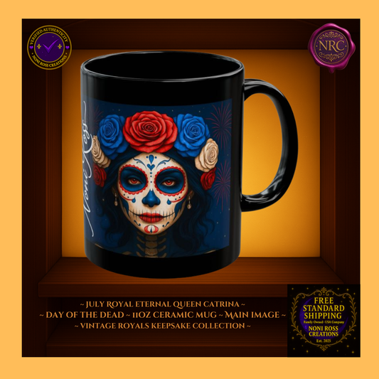 July Eternal Queen Catrina Mug 11 oz in ruby red, white, and blue with gold accents | π Noni Ross Creations