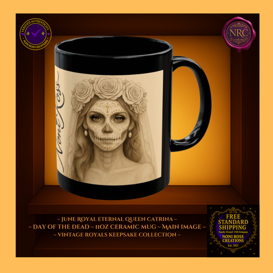 June Eternal Queen Catrina Mug 11 oz in silver, gold, and ivory | π©΅ Noni Ross Creations