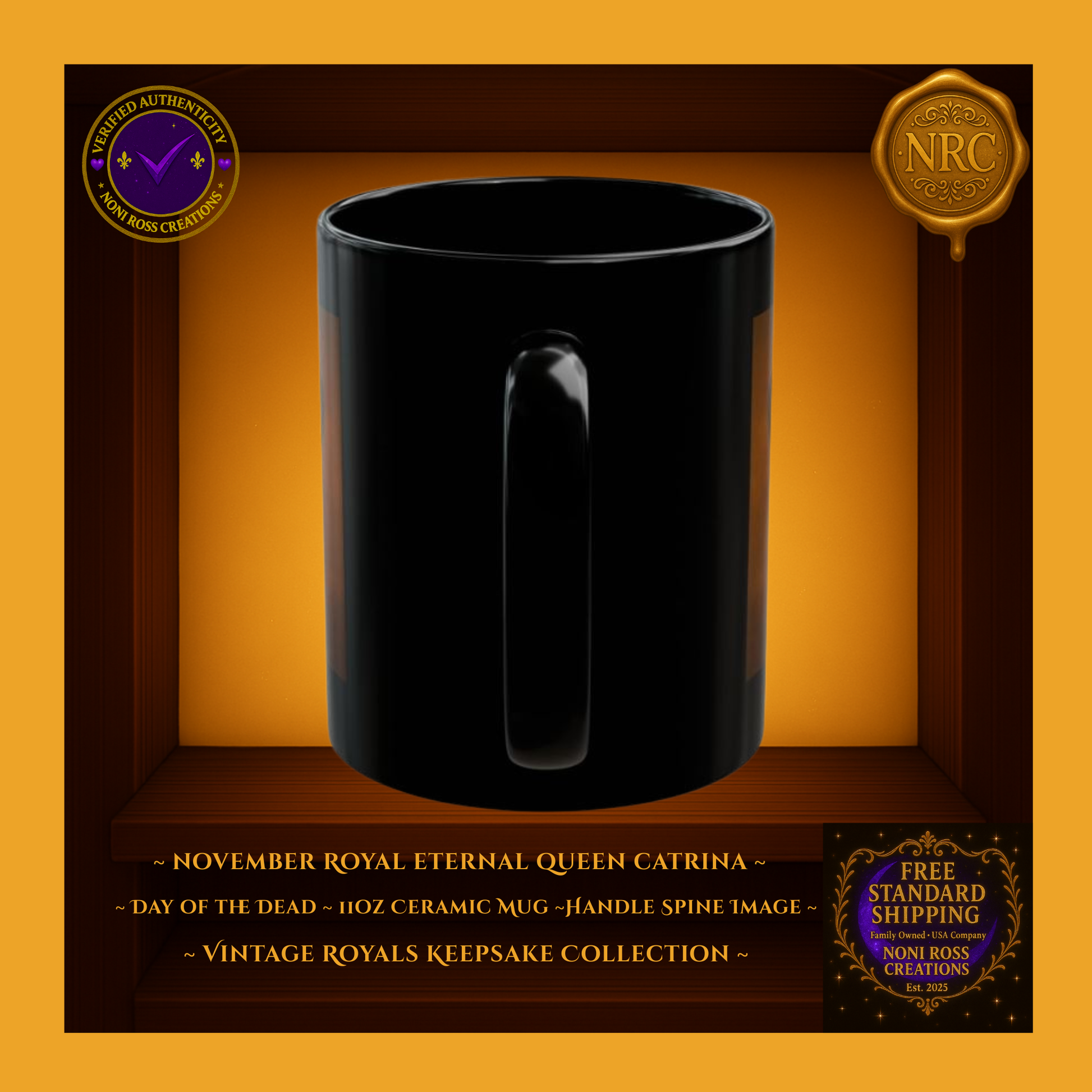 Close-up of handle and glossy finish on November Catrina 11oz ceramic mug with autumn-toned artwork | Noni Ross Creations