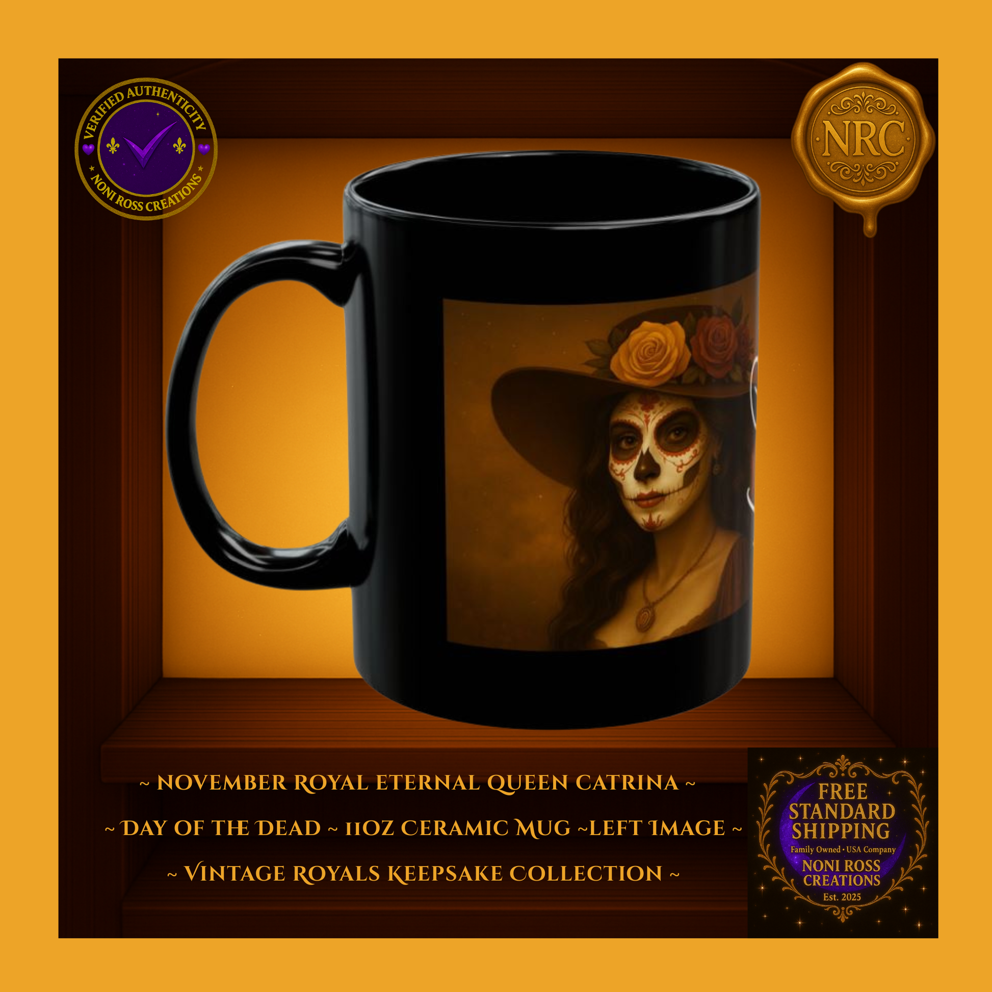 Left side of November Catrina Mug highlighting vintage gown details and rich amber background with subtle shadows | Noni Ross Creations