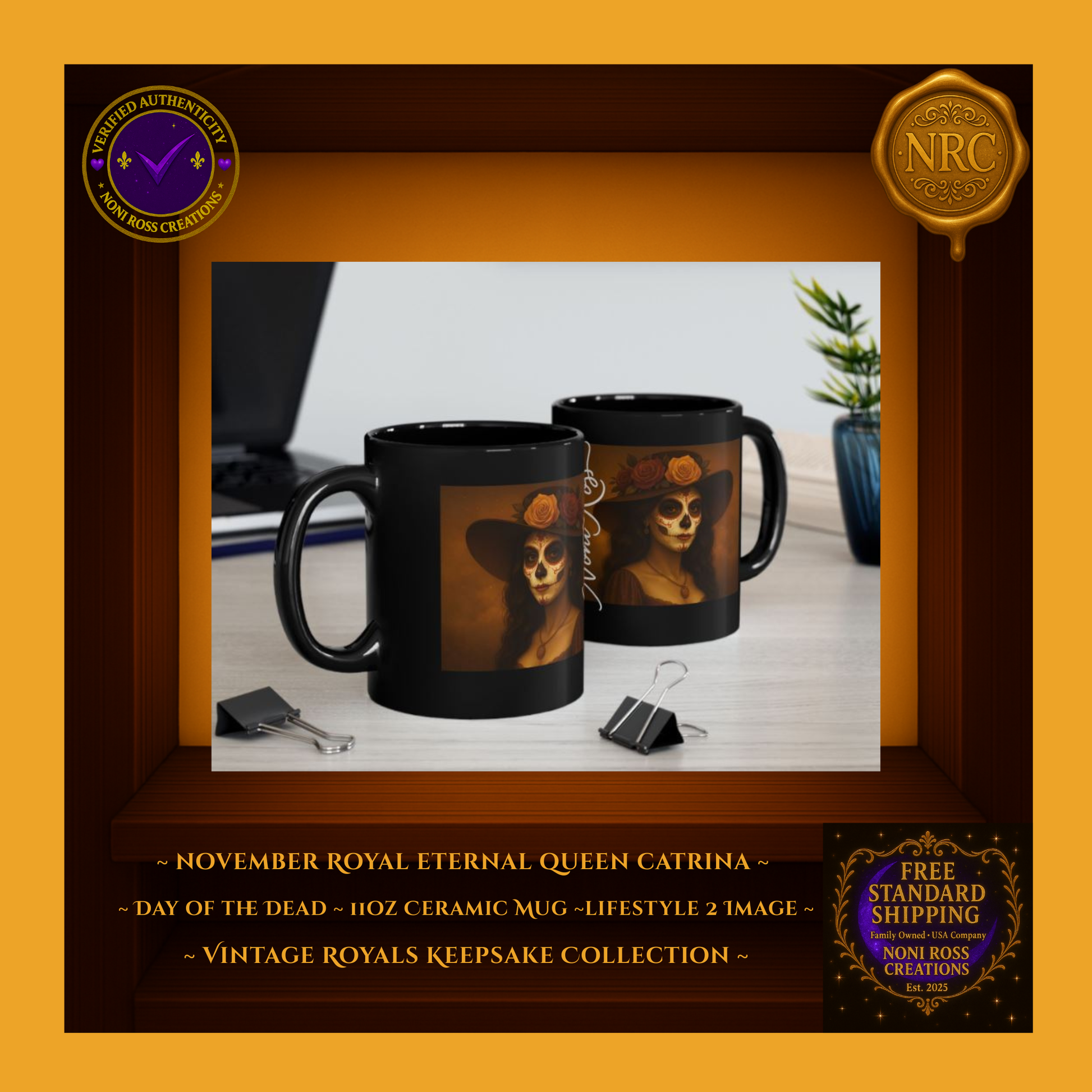 Elegant shelf display of November Catrina Mug beside books and warm knit blanket—autumn décor vignette | Noni Ross Creations