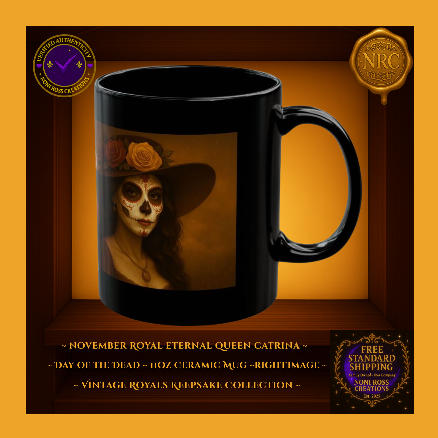 Right side of November Catrina Mug showing ornate makeup, rose accents, and wraparound autumn palette on black ceramic | Noni Ross Creations