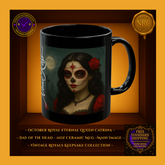 October Catrina Mug 11oz with crimson rose, lace bodice, and sugar-skull makeup under a moonlit cemetery sky | Noni Ross Creations