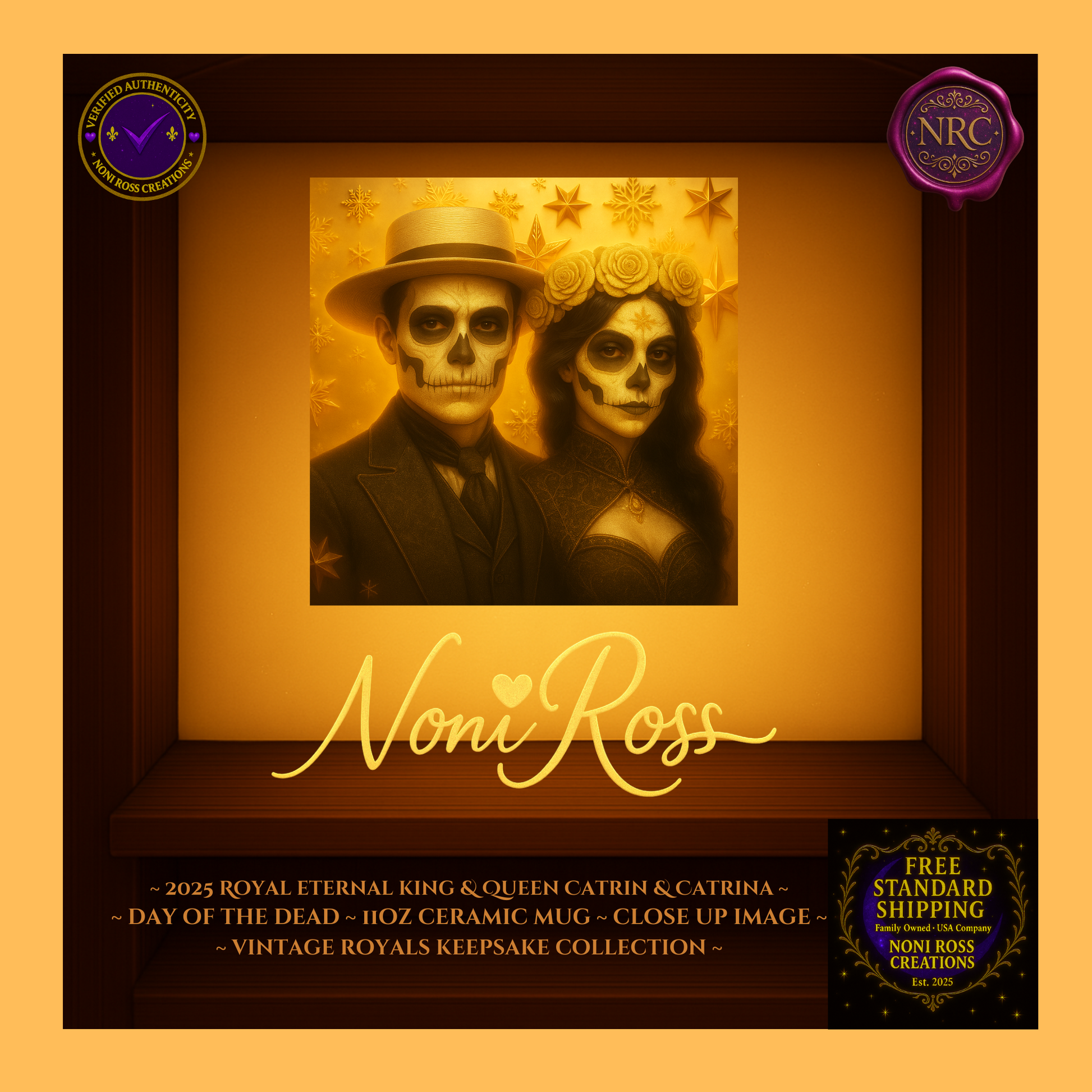 Close-up of 2025 King & Queen faces with silver crowns and crystal highlights β vintage royal portrait art