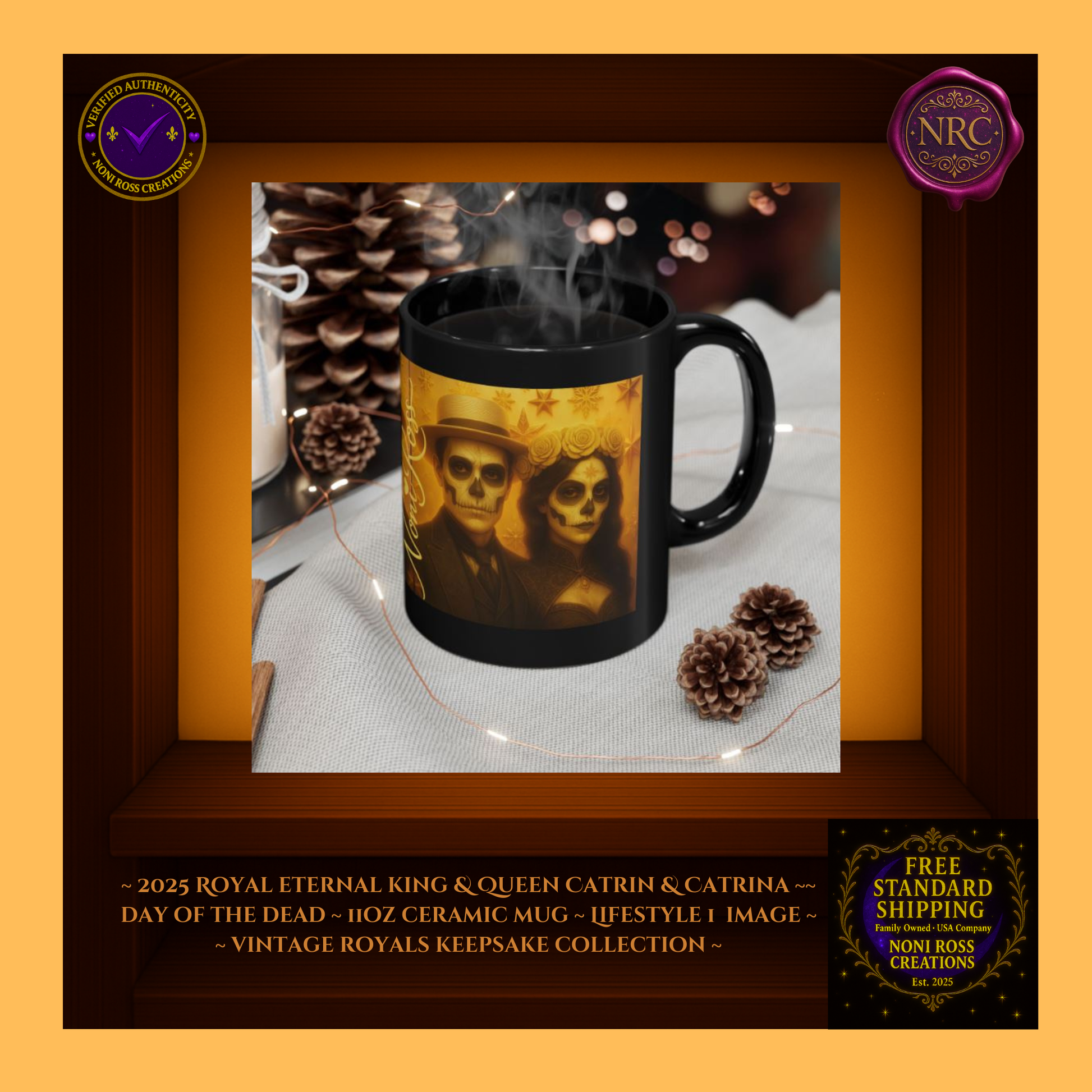 2025 King & Queen Mugs beside snowflakes and candles β holiday display | π Noni Ross Creations