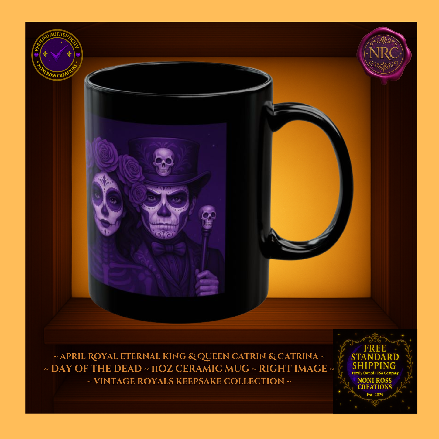 Right side—April King & Queen Catrin & Catrina Mugs with candlelight accents and twilight backdrop