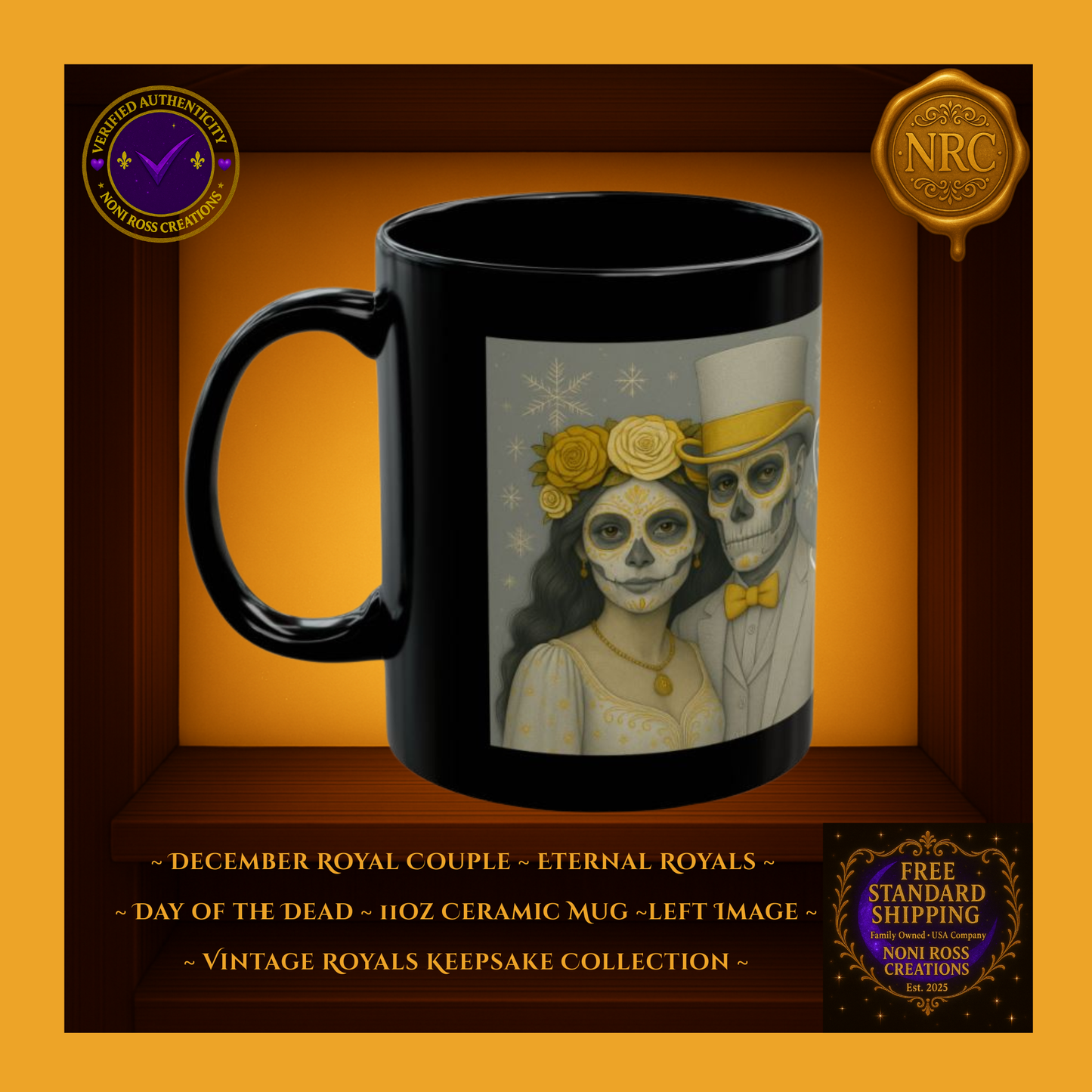 Left side — December Eternal King & Queen Mugs showing icy blue robes and silver trim, 11 oz ceramic mugs