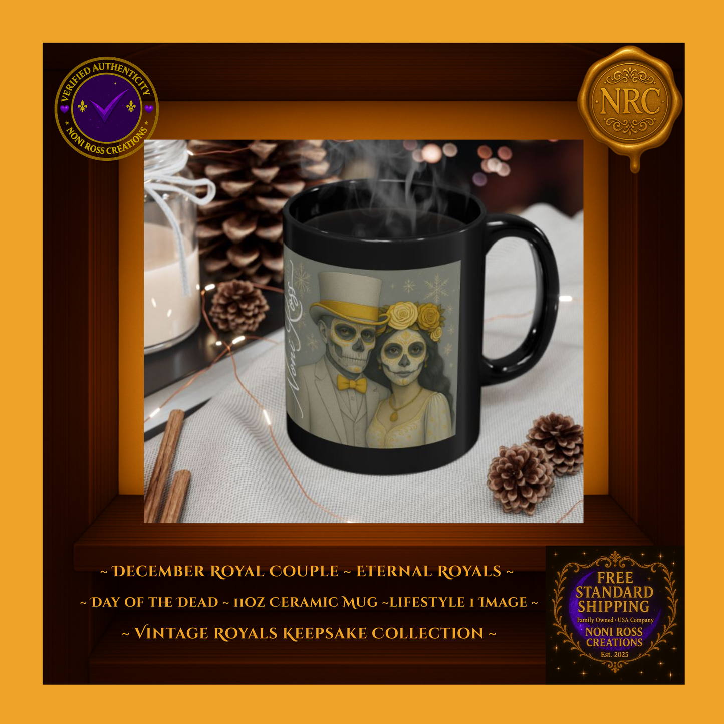 December King Catrin Mug beside candles and pine décor — winter ritual | 💜 Noni Ross Creations