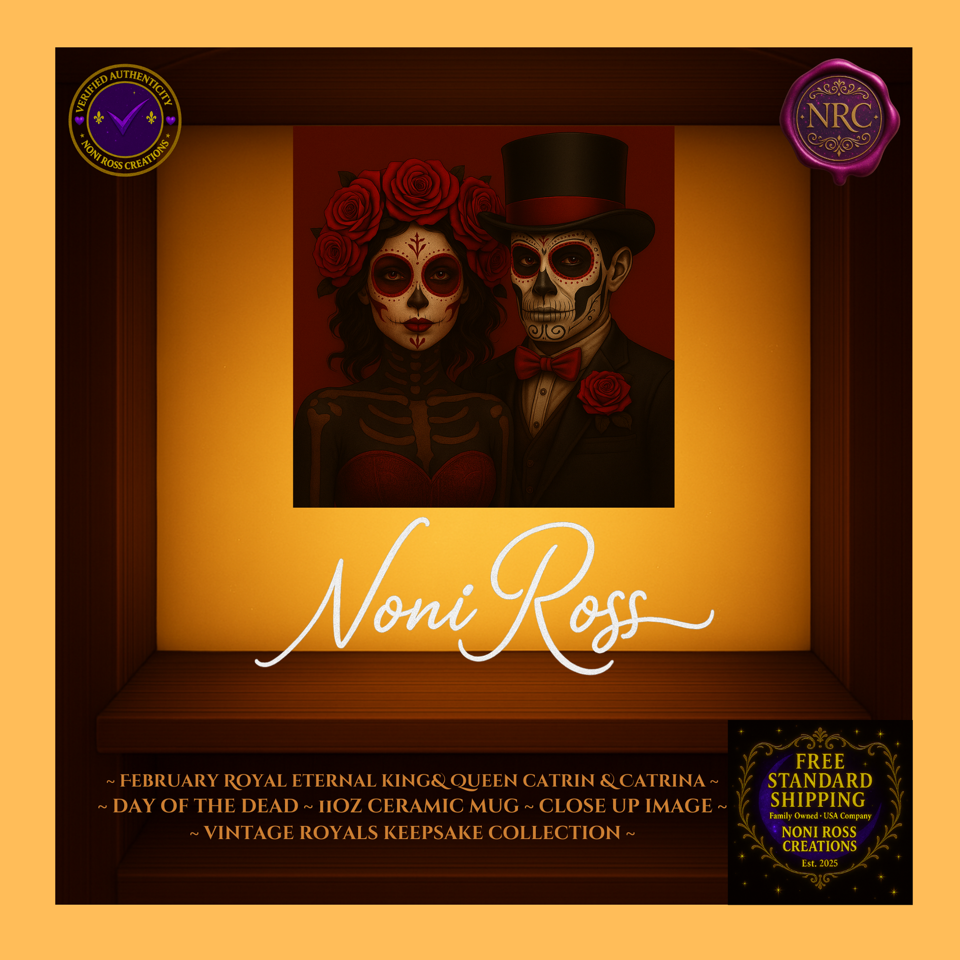 Close-up of February King & Queen faces with jeweled crowns, lace details, and candlelight glow—vintage royal art