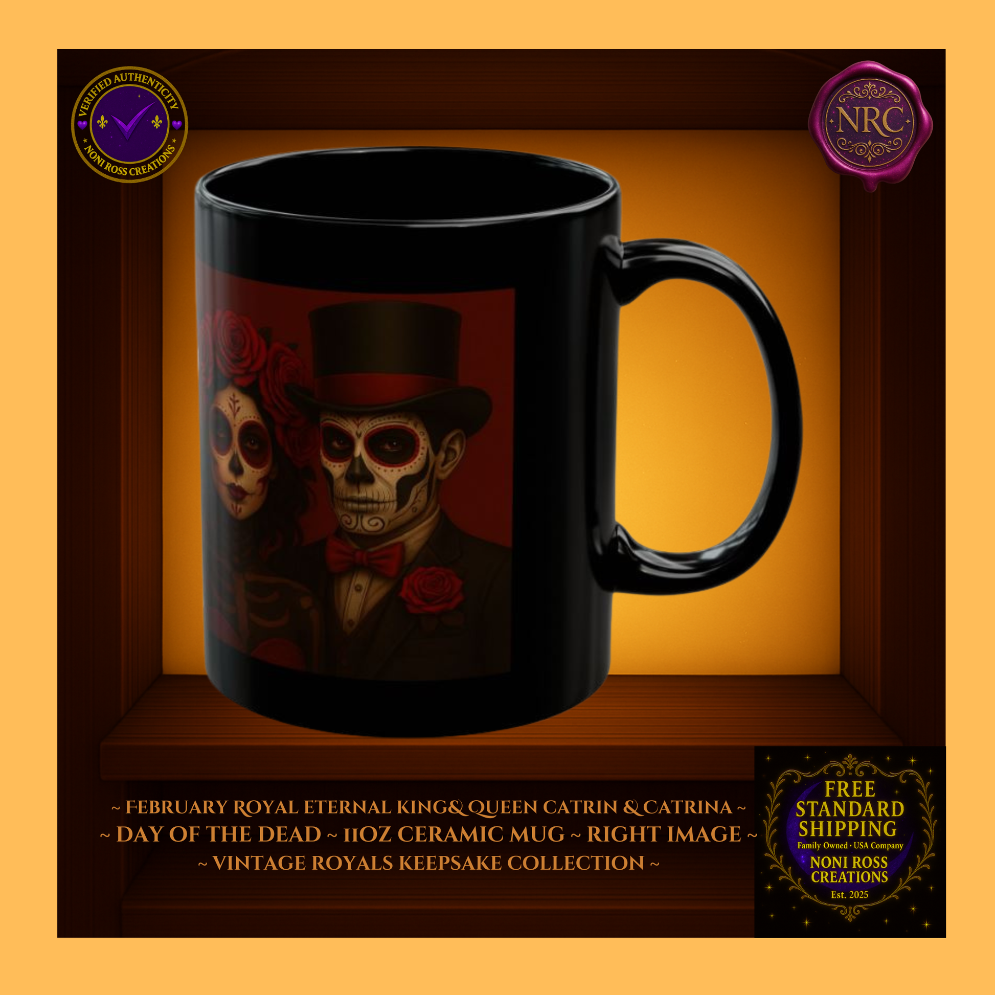 Right side—February King & Queen Catrin & Catrina Mugs with rose-gold accents and romantic background light