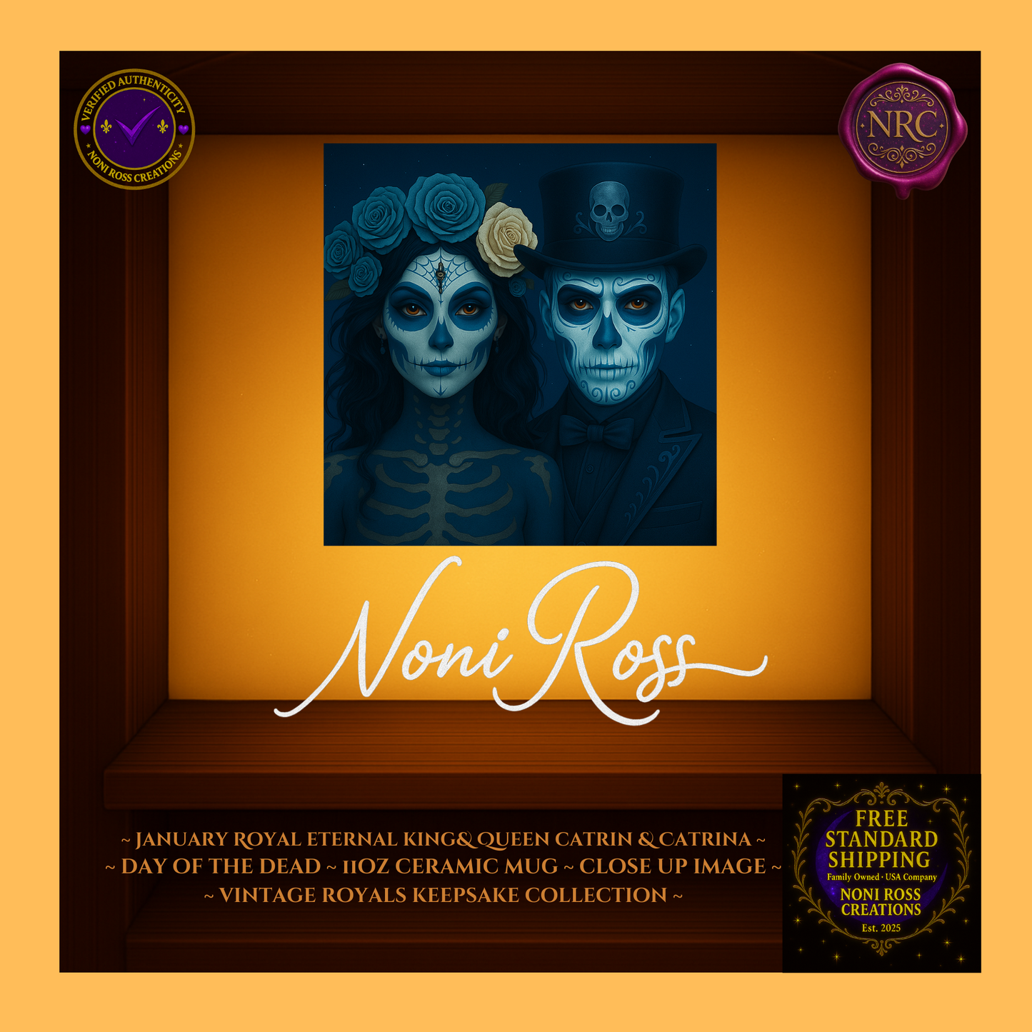 Close-up of January King & Queen Catrin and Catrina faces, jeweled crowns and lace details with candlelight gold accents