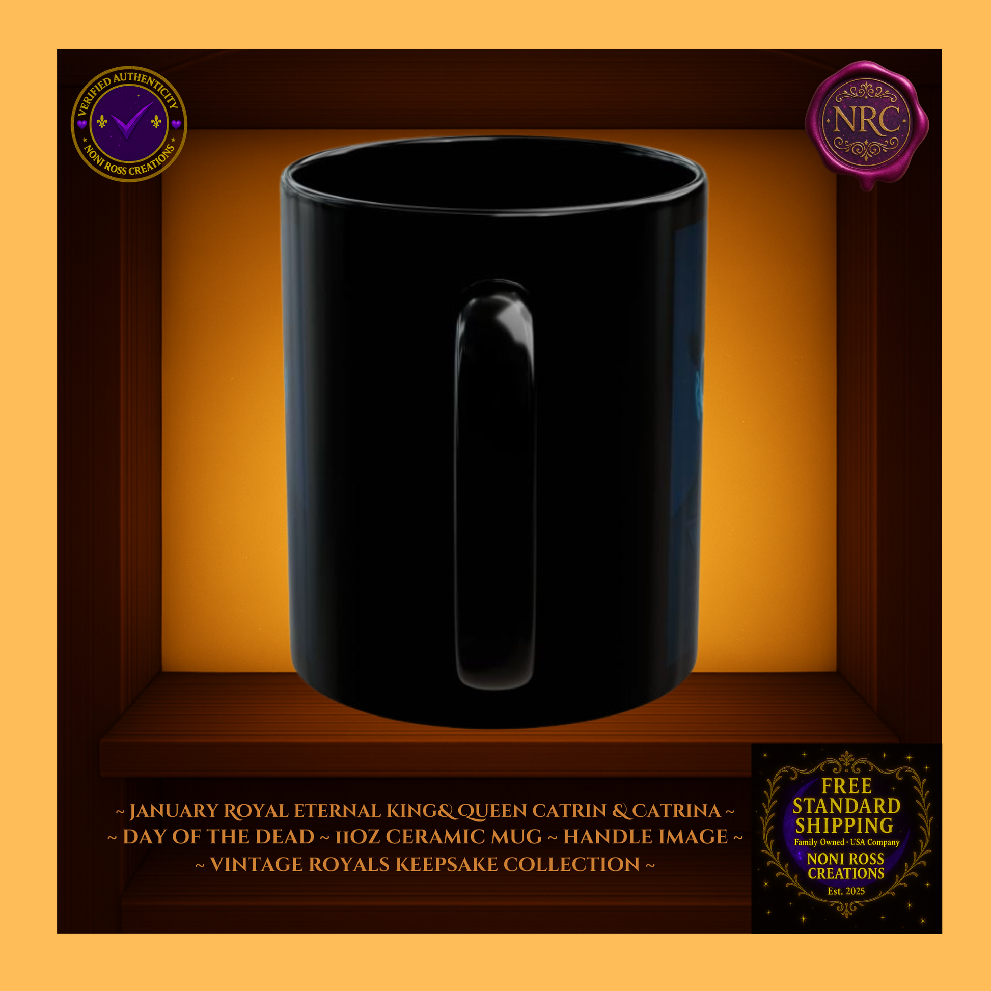 Handle detail—porcelain white interior with sapphire and silver edge artwork, 11oz ceramic collectible mugs