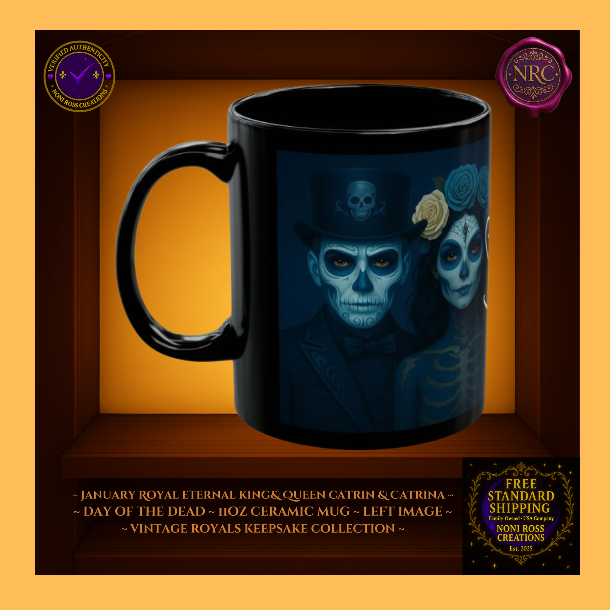 Left side of King & Queen January Mugs showing matching sapphire attire and antique silver trim