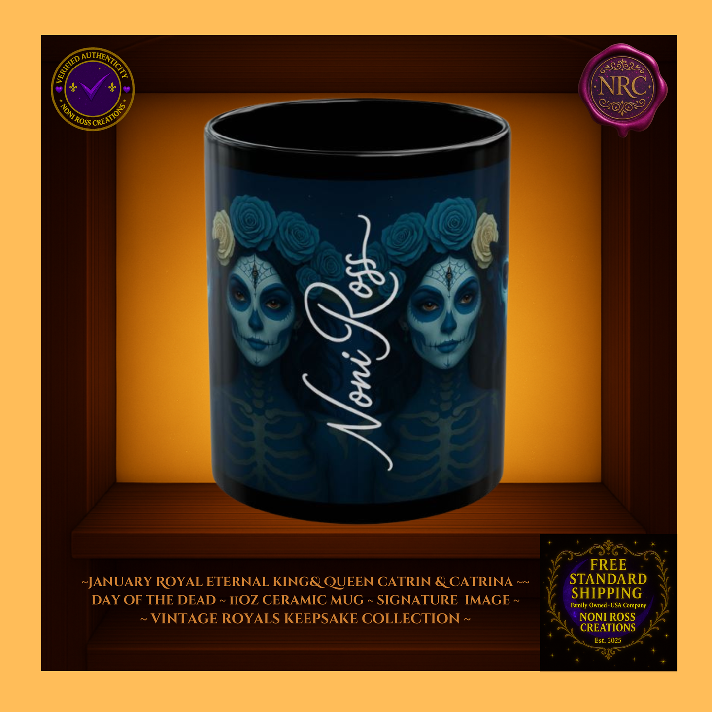 Signature spine view—Noni Ross Creations mark and Vintage Royals filigree on sapphire and velvet charcoal background