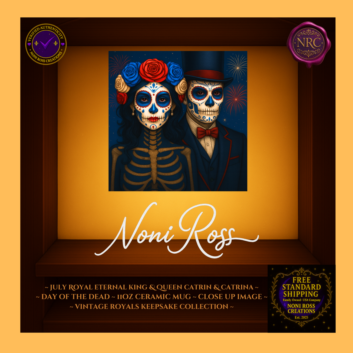 Close-up of July King & Queen faces with jeweled crowns, gold trim, and firework reflectionsโvintage royal art