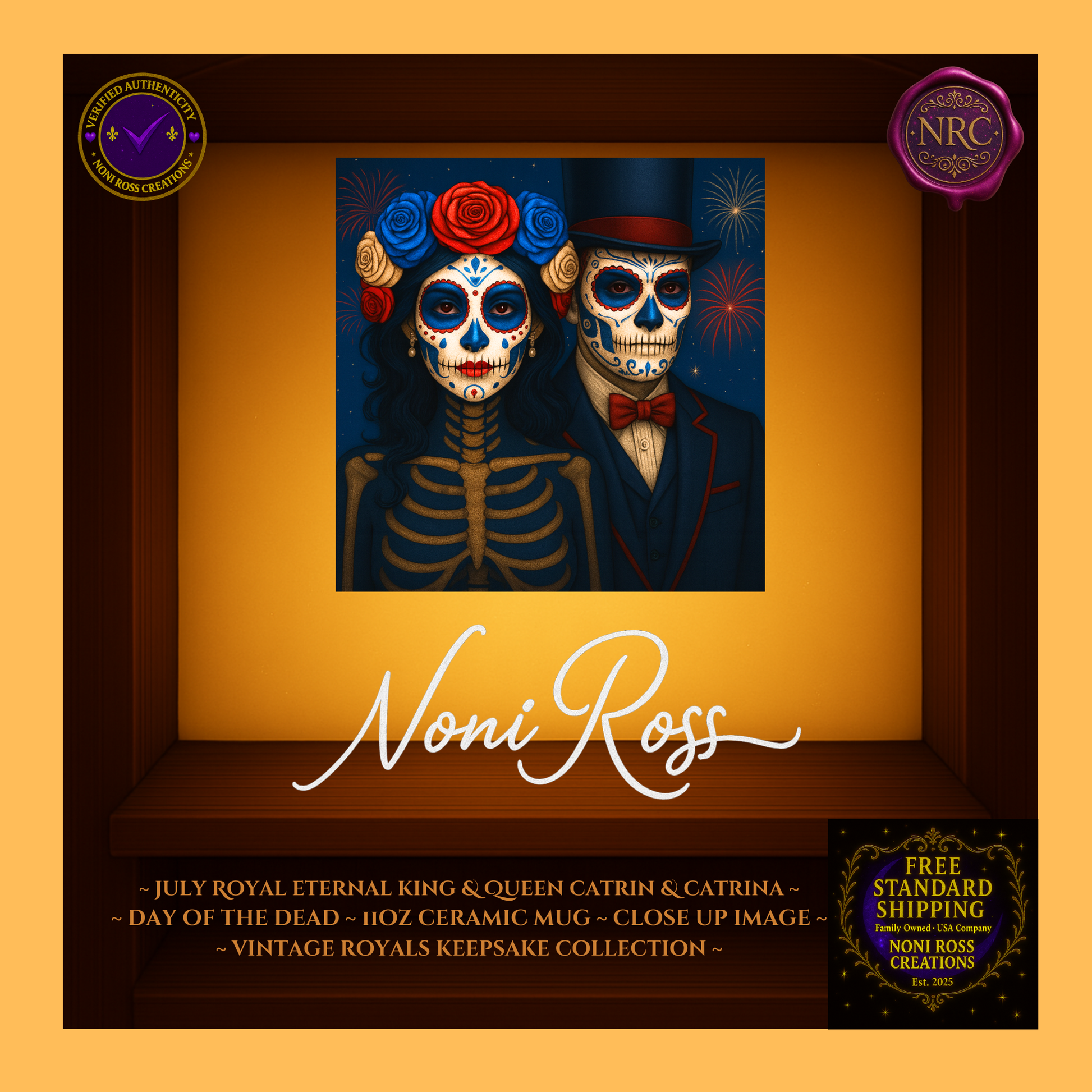 Close-up of July King & Queen faces with jeweled crowns, gold trim, and firework reflectionsโvintage royal art