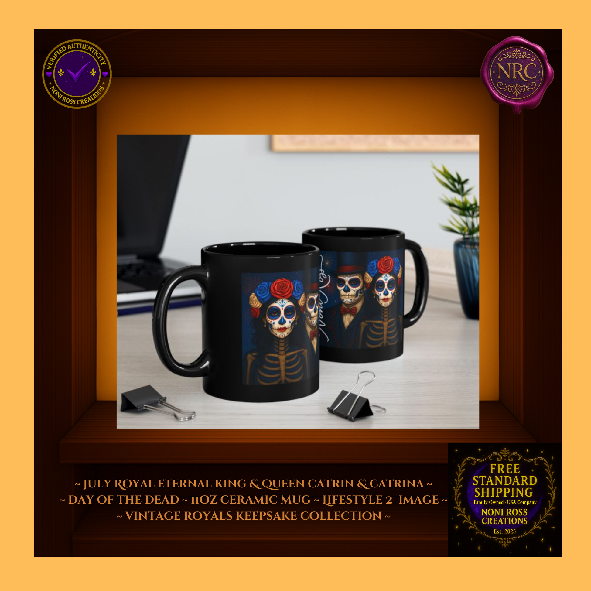 Collector displayโJuly Eternal King & Queen Mugs side by side with patriotic dรฉcor