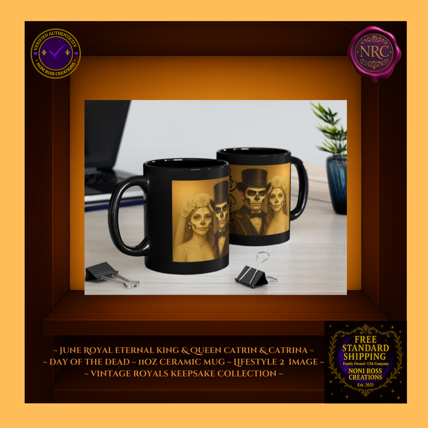 Collector display—Eternal King & Queen June Mugs with matching tones of silver and gold elegance