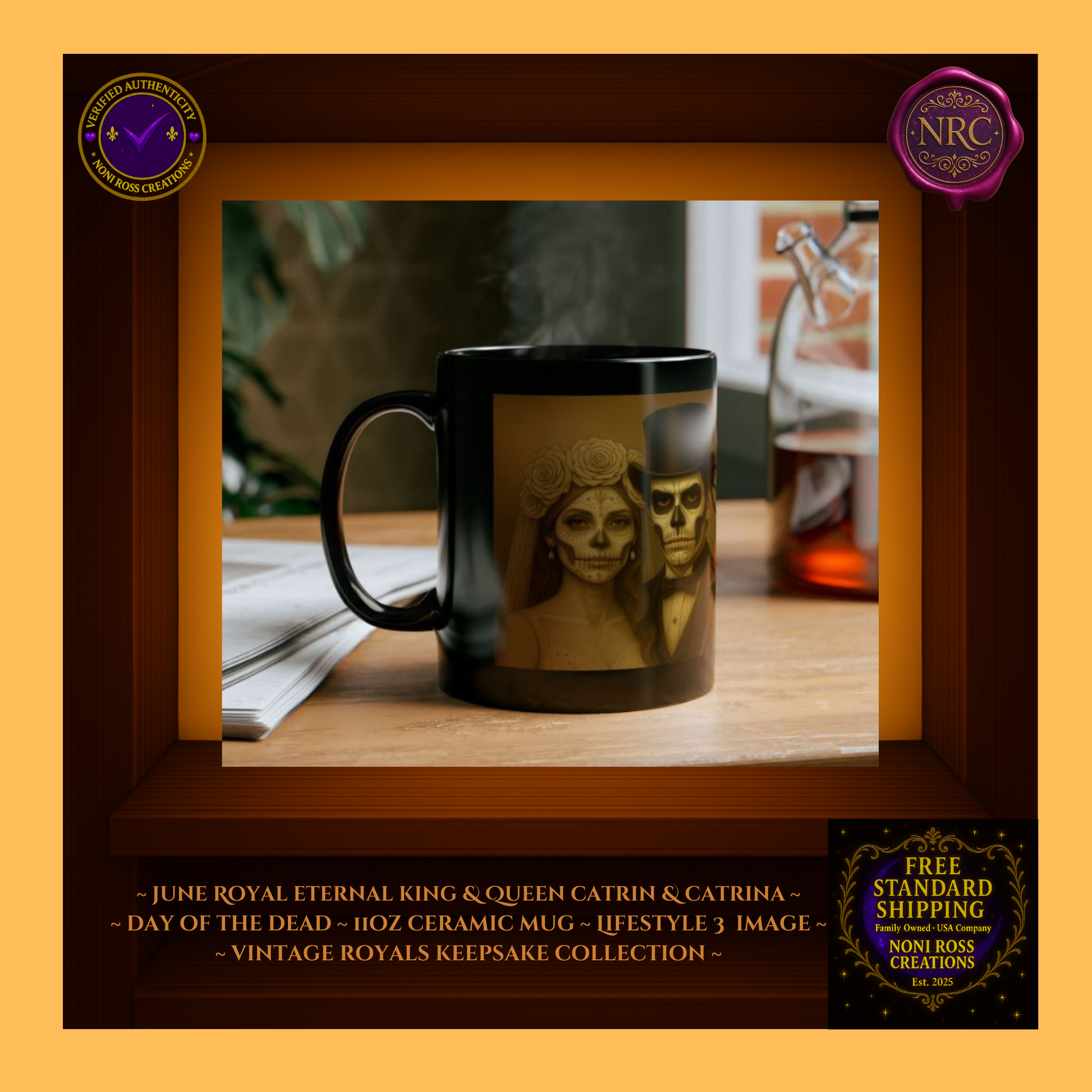 Lifestyle scene—June King & Queen Catrin & Catrina Mugs beside pastries and candles | 💜NoniRossCreations.com