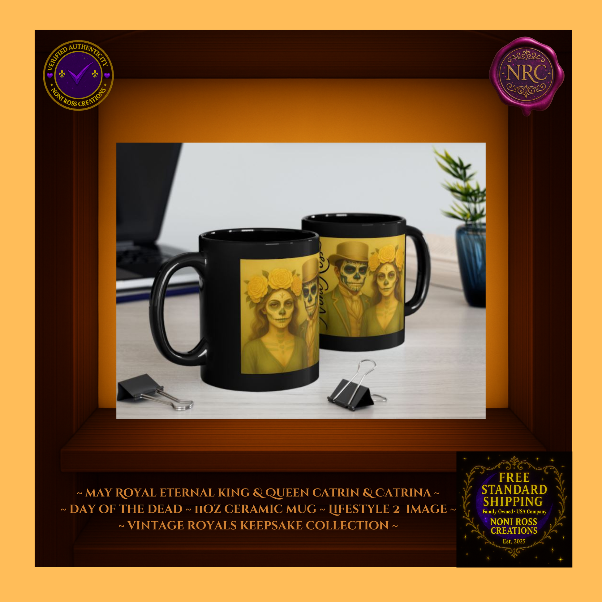 Cozy display—Eternal King & Queen Mugs beside book and pastry, blush rose and gold palette