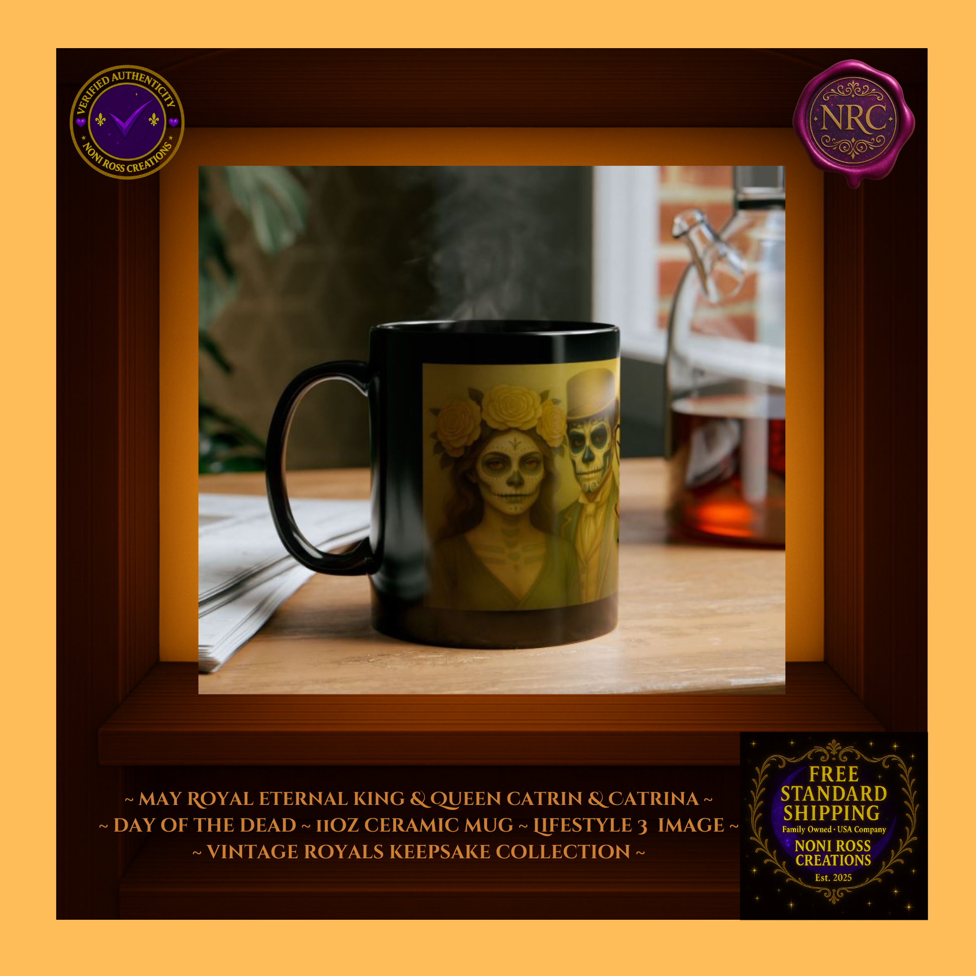 Collector display—May King & Queen Mug Set with floral accents and pastries | 💖 NoniRossCreations.com